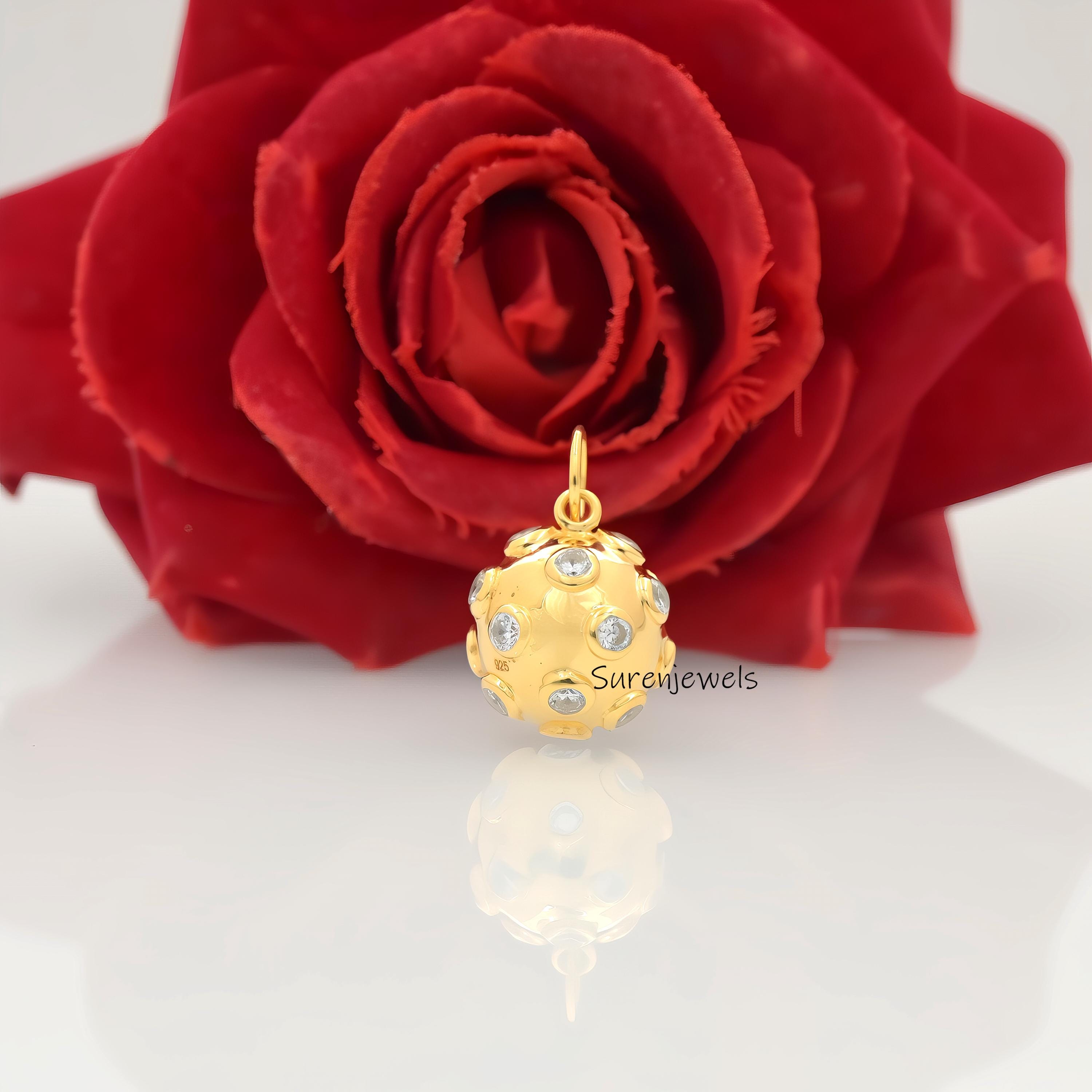 14k Gold Gemstone Ball Pendant: Diamond Star Design, Handmade - View 2 - Suren Jewels | SKU: SJP1488-SLNSMT-25M