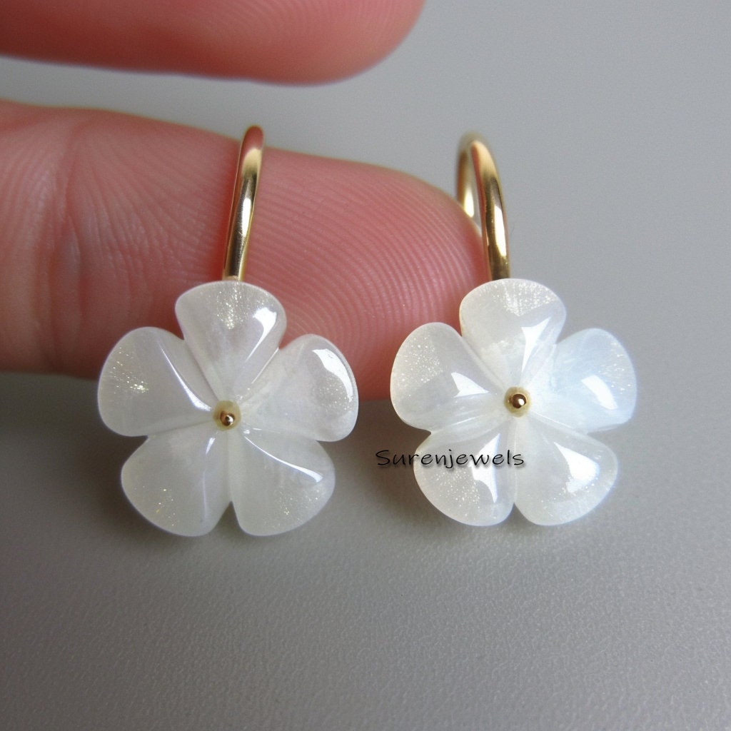 14k Gold Carved Gemstone Flower Dangle Earrings (20mm) - Suren Jewels | SKU: SJE1666-SLYGMS-25M