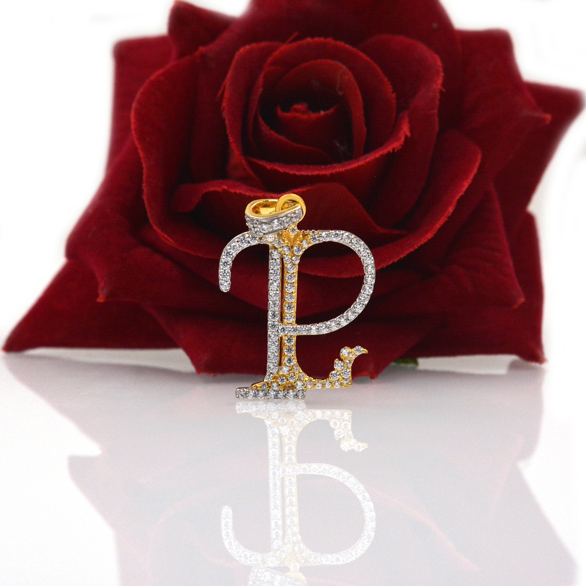 Diamond Monogram Pendant: Two-Tone 925 Silver Pave Initial - View 7 - Suren Jewels | SKU: SJP540-SLYGWGDI-SW