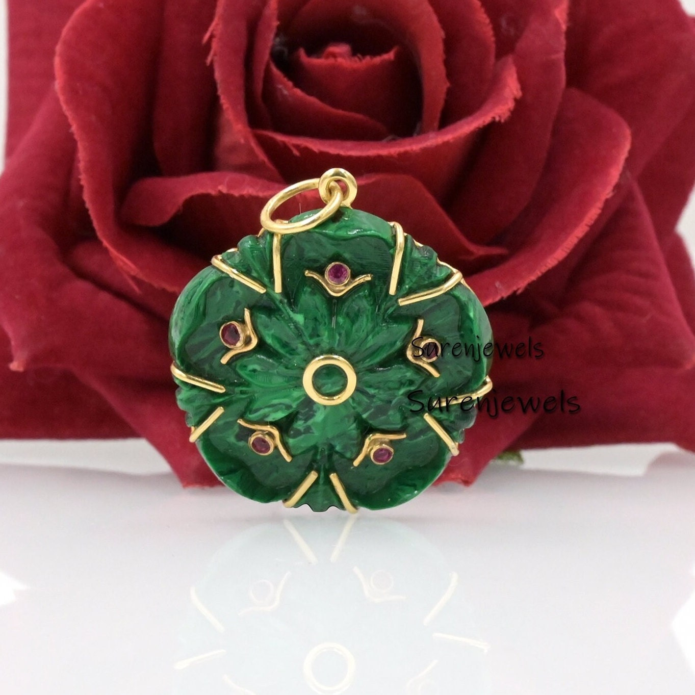 925 Silver Coral Flower Pendant: Hand Carved Gemstone Charm - Suren Jewels | SKU: SJP2569-SLYG