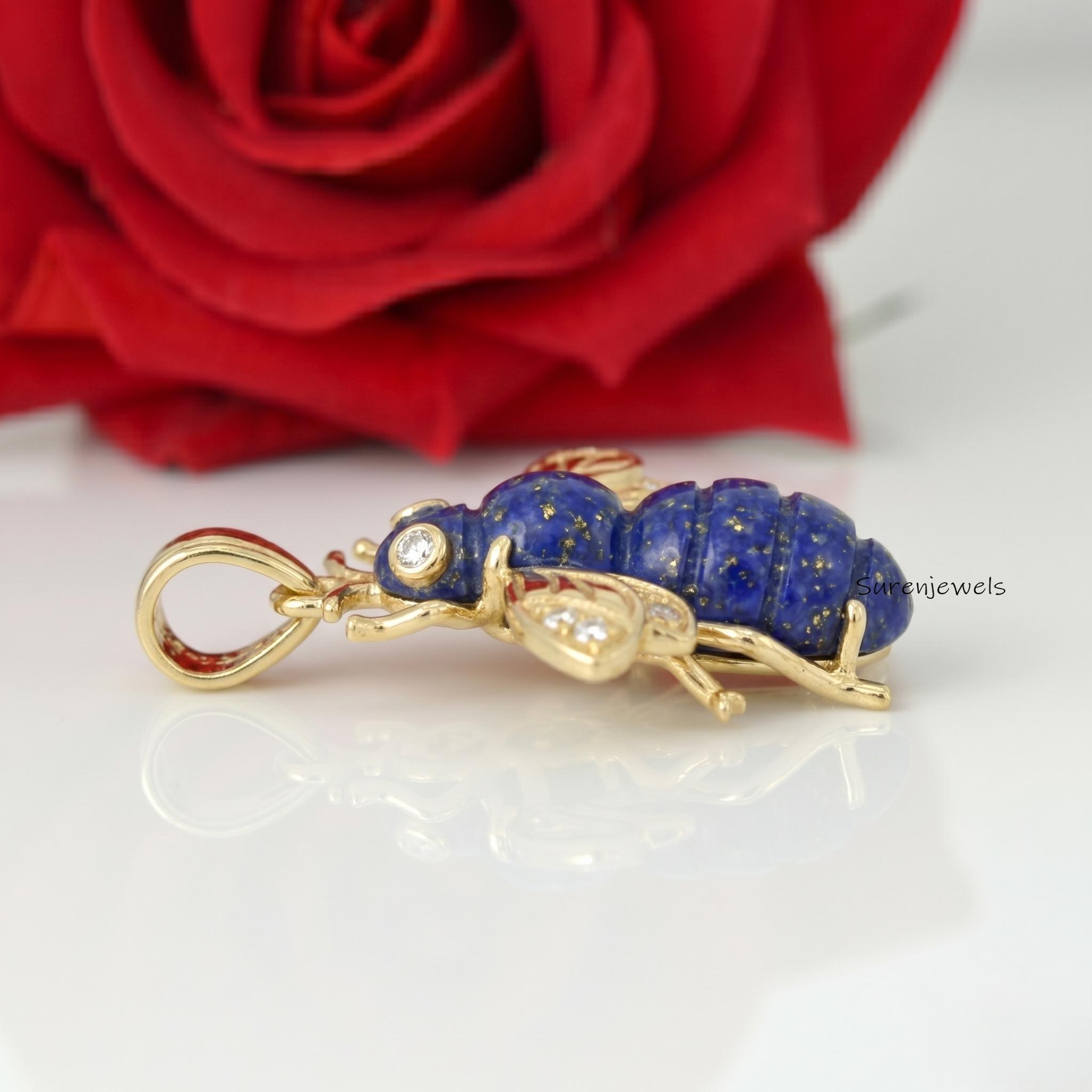 14k Solid Gemstone Bee Pendant, Opal Bee Pendant, Dainty Honey Bee, Gemstone Queen Bee Bug Pendant, Gemstone Bee Pendant, Car