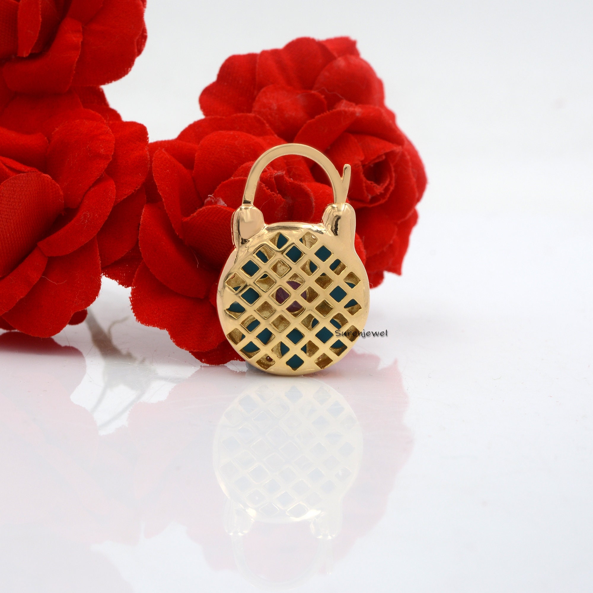 925 Silver Turquoise Floral Padlock: Gemstone Connector Pendant - View 2 - Suren Jewels | SKU: SJP505-SLYGTQLBWT-N74-18I-925