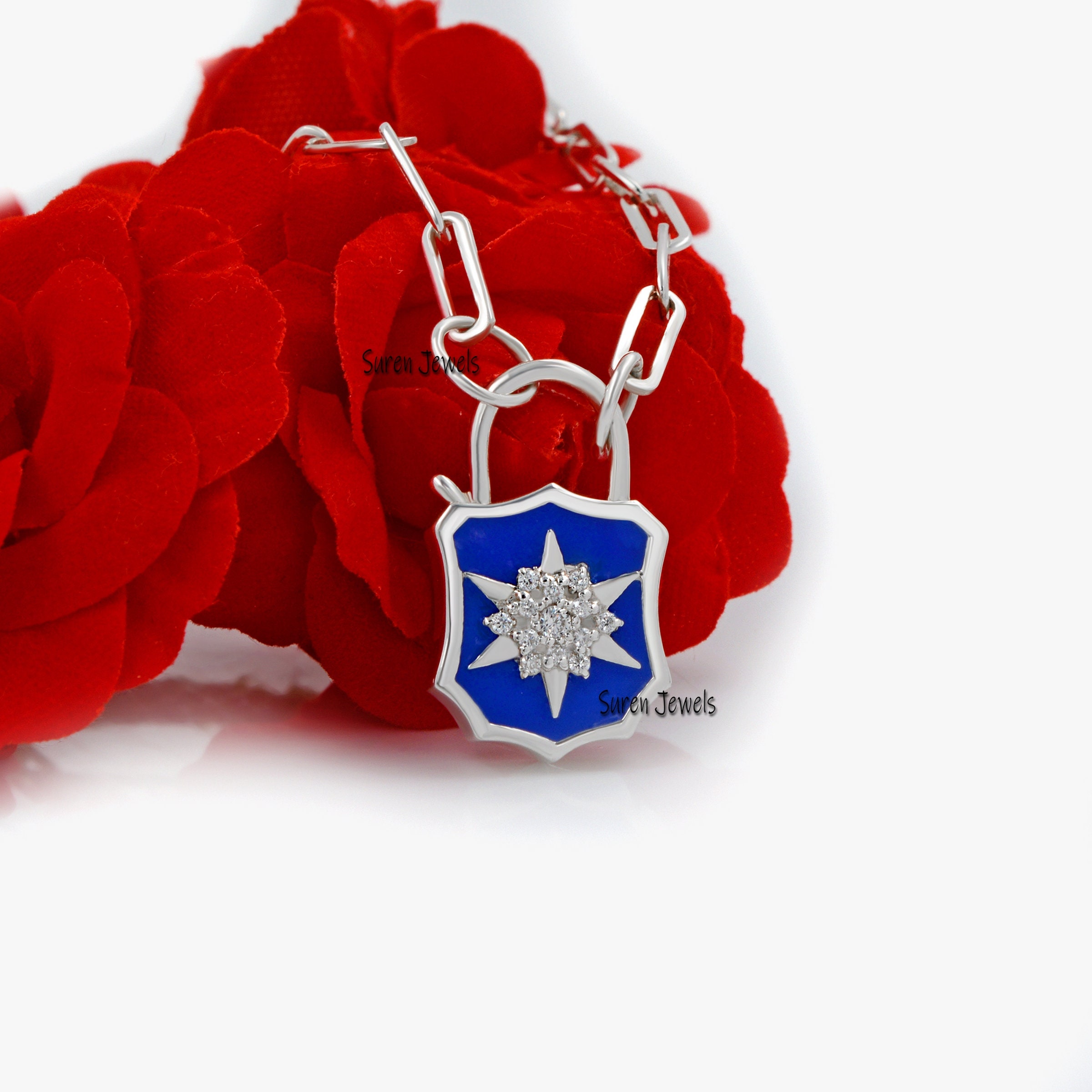 Enamel Starburst 925 Silver Padlock Pendant: Cubic Zircon Gemstone - View 4 - Suren Jewels | SKU: SJP499-SLRGELBCZ-N47-18