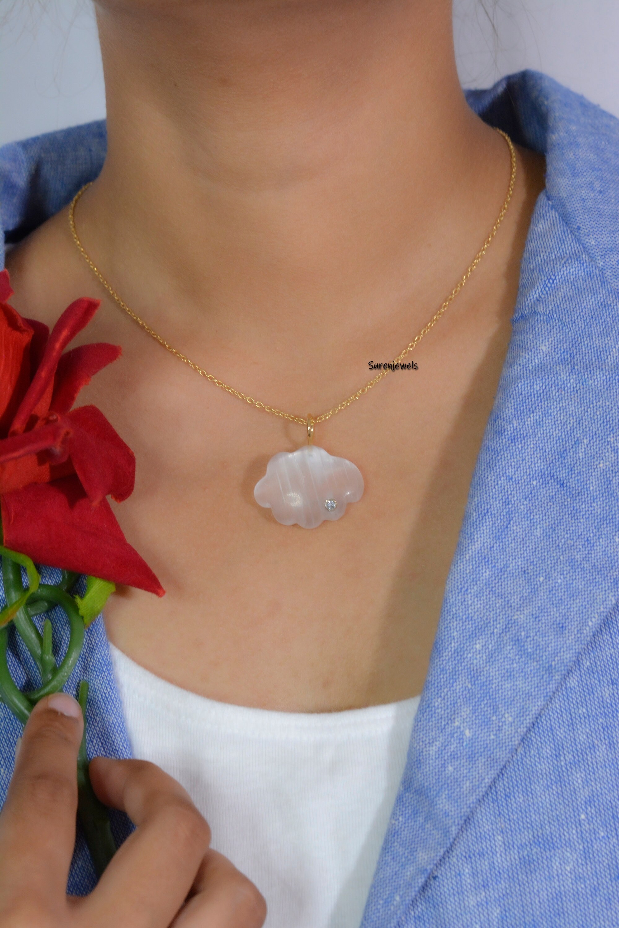 14K Gold Cloud Pendant: Turquoise, White Topaz Gemstone Charm - View 5 - Suren Jewels | SKU: SJP1150-SLYGSLNWT-22M