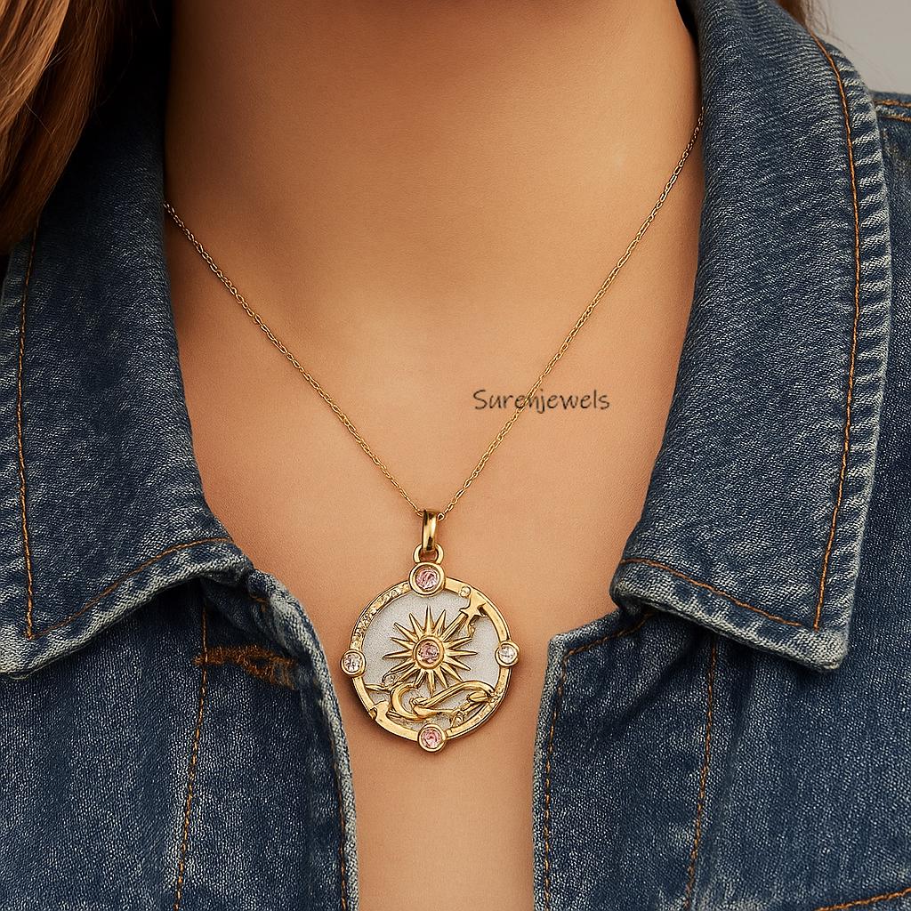 Gemstone Star Moon Disc Pendant, Crescent Pendant - View 2 - Suren Jewels | SKU: SJP5250-SLNSLPZPCZ-30M