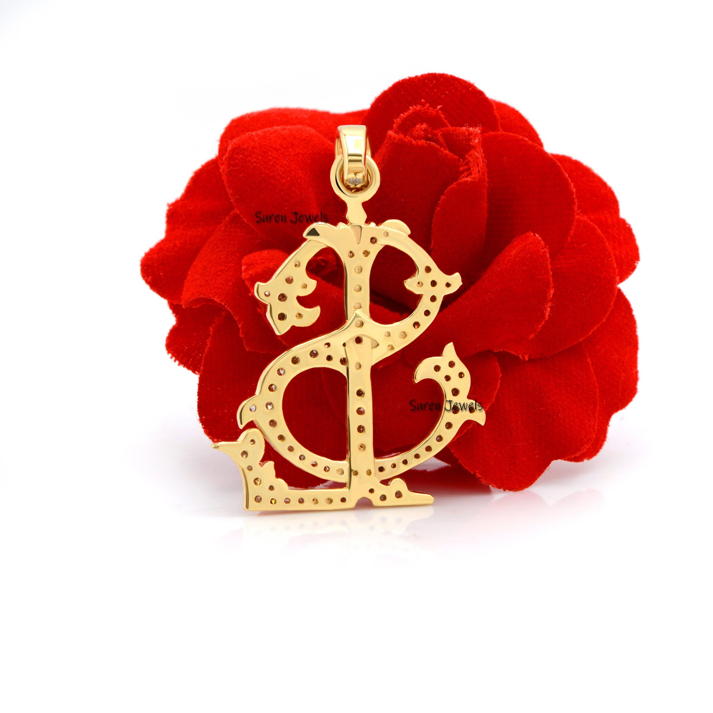 925 Silver Diamond Monogram Pendant: Custom Letter Initial - View 6 - Suren Jewels | SKU: SJP89-SLRHDI-NP-N13-18I