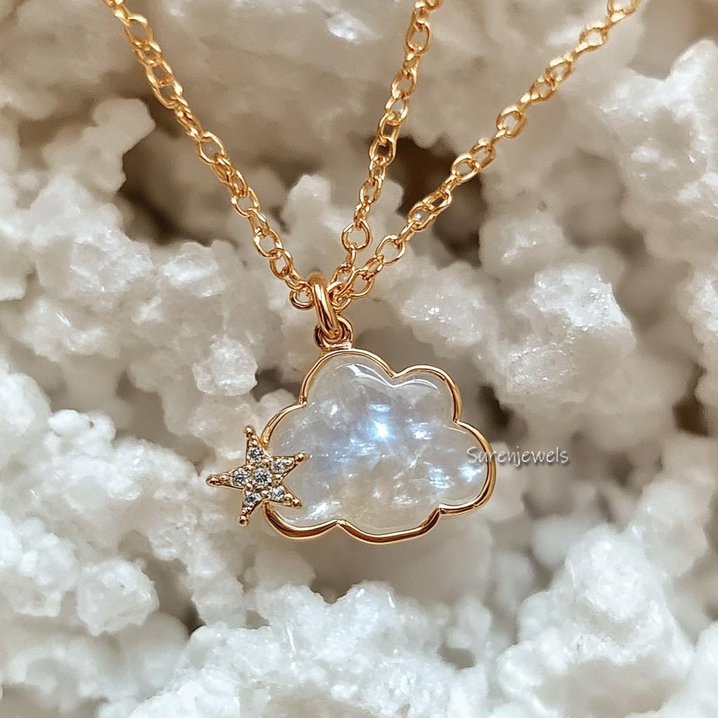 14K Gold Cloud Pendant: Star Moon Gemstone Necklace - View 3 - Suren Jewels | SKU: SJP5346-SLYGMSCZ-30M,SJP5023,SJP,SJP4740-S