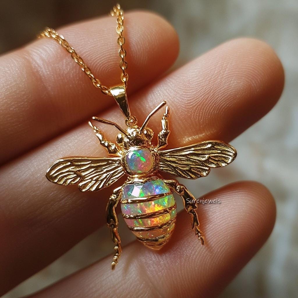 14k Gold Gemstone Bee Pendant: Dainty Opal Honey Bee Charm - View 2 - Suren Jewels | SKU: SJP4476-SLYGMK-30M,SJP4442-SLRGEOOP