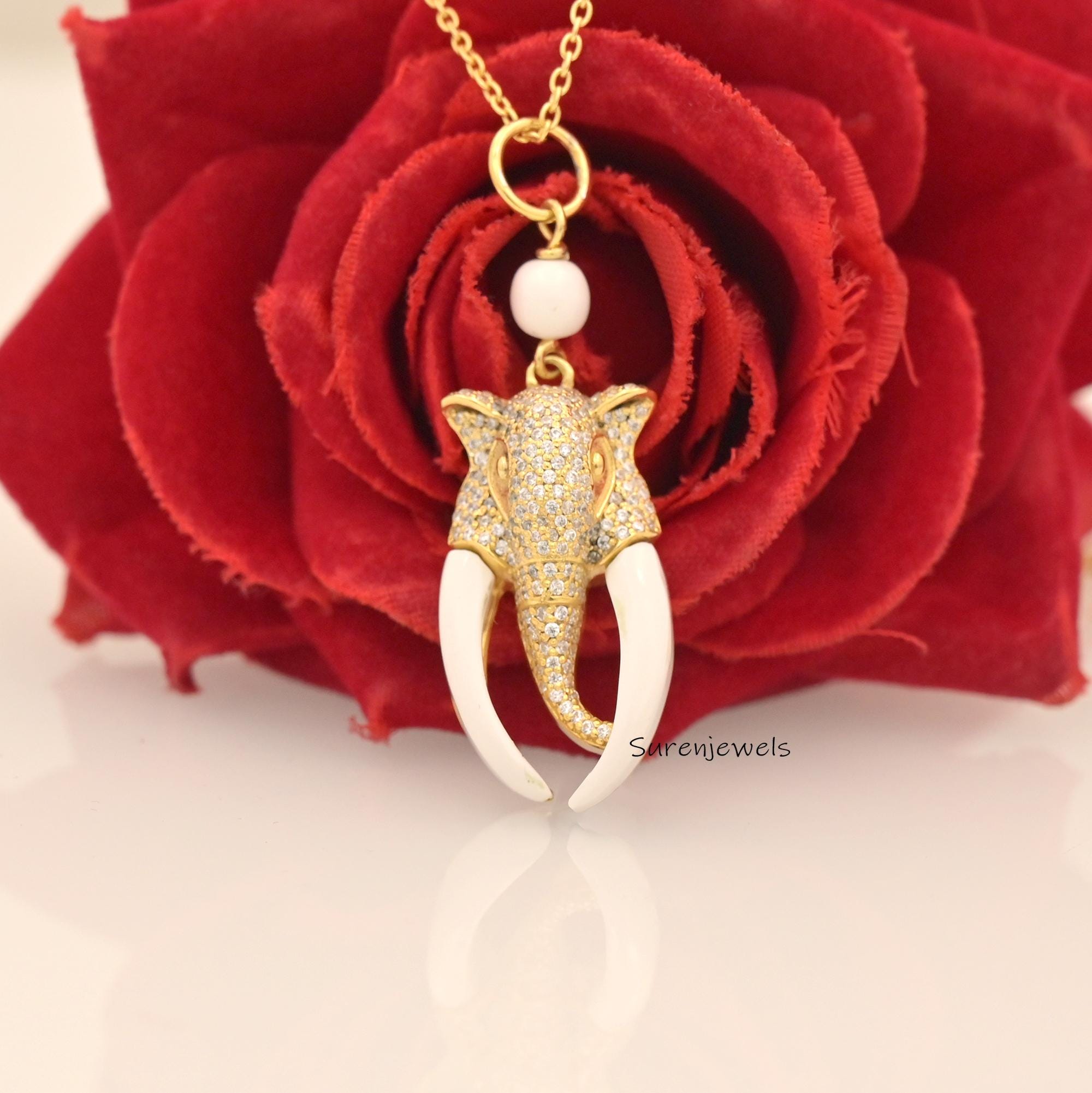 14k Gold Carved Elephant Pendant: Coral & Druzy Gemstone, Moissanite Accent - Suren Jewels | SKU: SJP4737-SLYGWCRCZ-30M