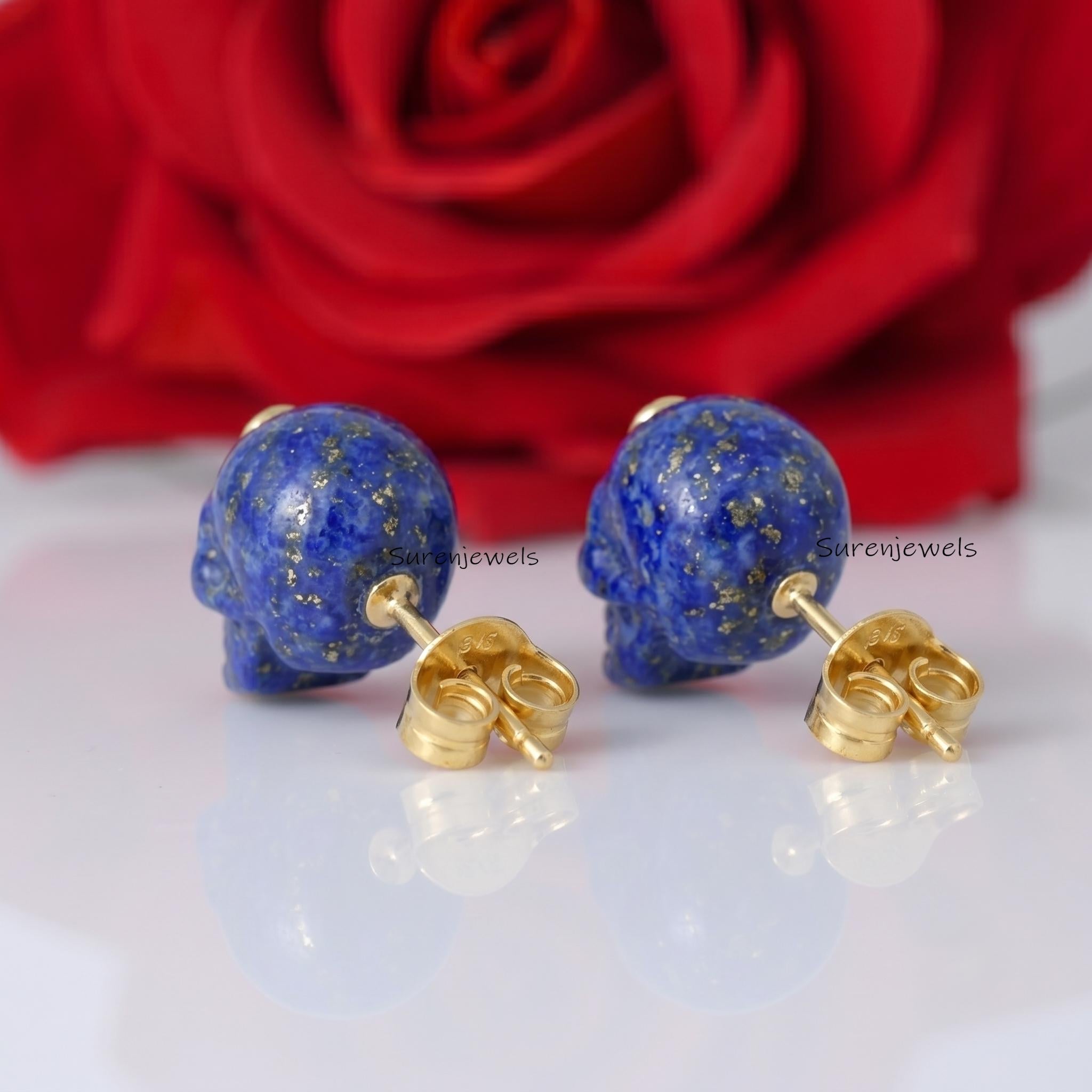 Carving 14K Gold Gemstone Skull Studs, Handmade Skull Stud Earrings, Designer Carving Skull Earrings, Carved Skull Studs, 14K