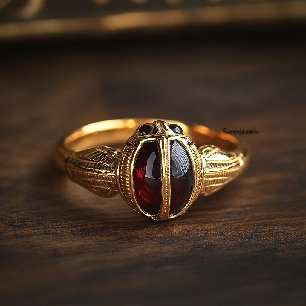 14k Gold Scarab Ring: Hand Carved Gemstone Amulet - View 7 - Suren Jewels | SKU: SJR2821-SLWGTQ-US-7,SJR