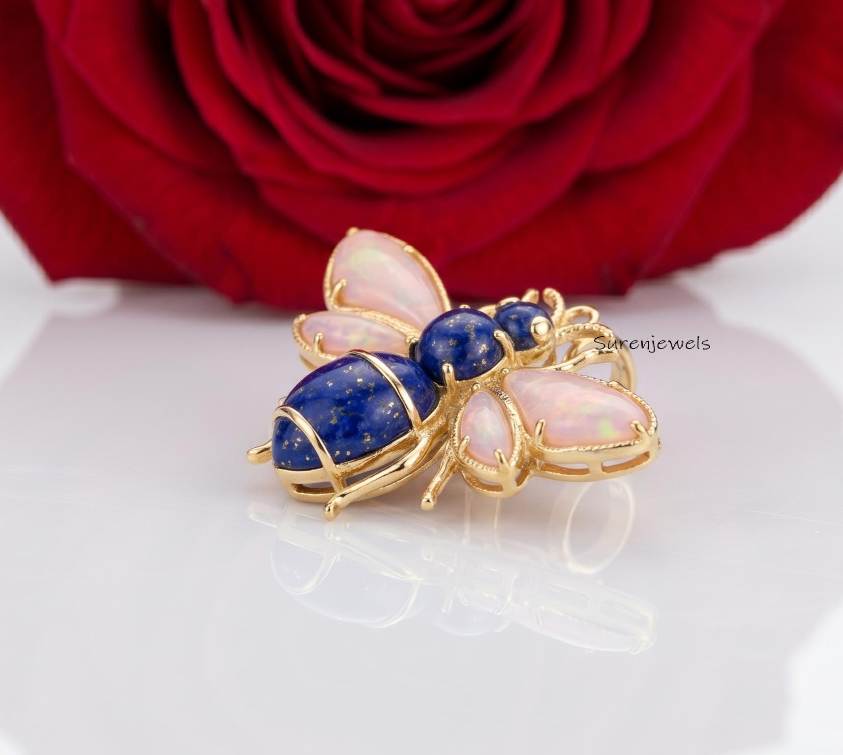14k Solid Gemstone Bee Pendant, Opal Bee Pendant, Dainty Honey Bee, Gemstone Queen Bee Bug Pendant, Gemstone Bee Pendant, Car