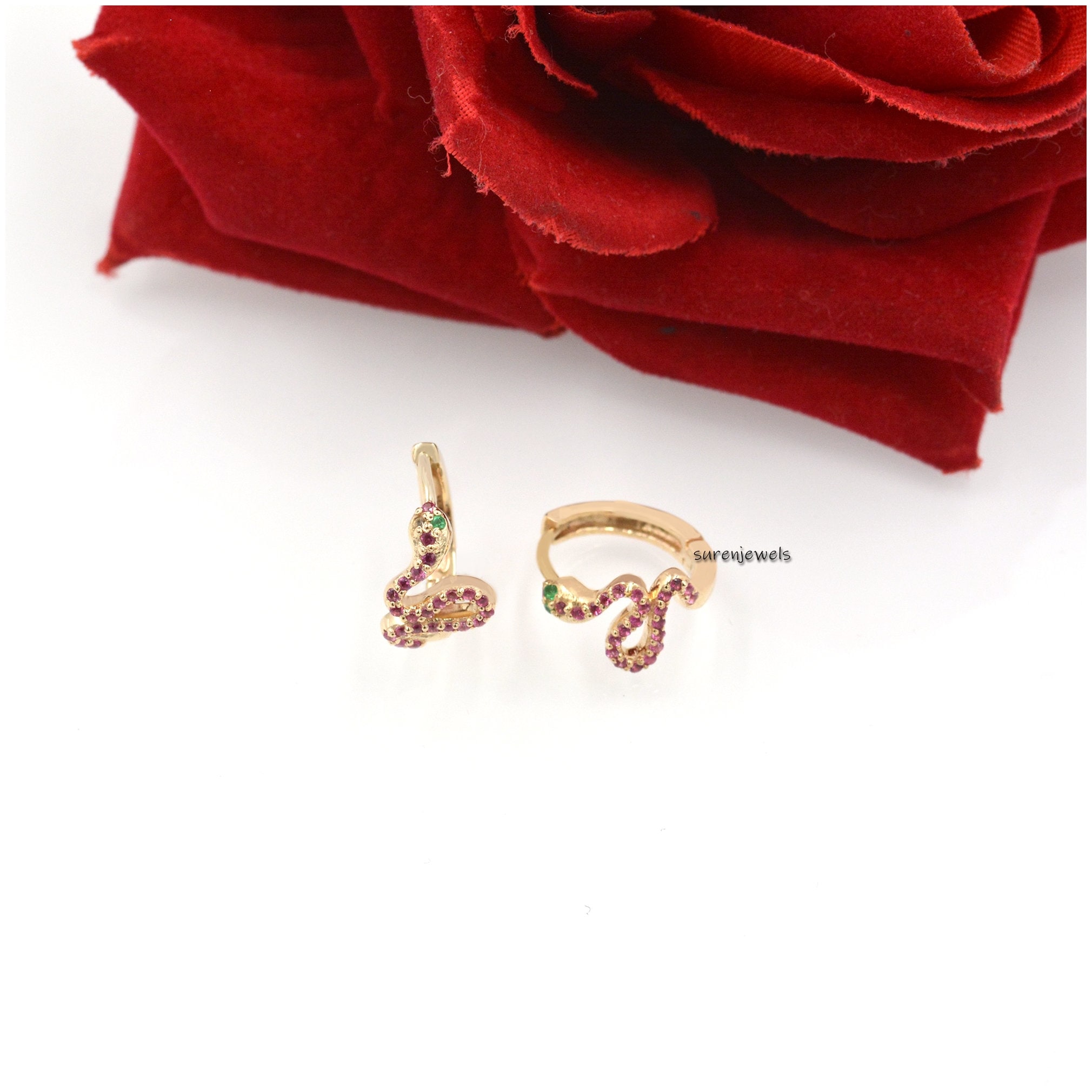 925 Silver Snake Huggies: Diamond & Emerald Gemstone Hoops - View 6 - Suren Jewels | SKU: SJE998-9KYGCZEM-15M