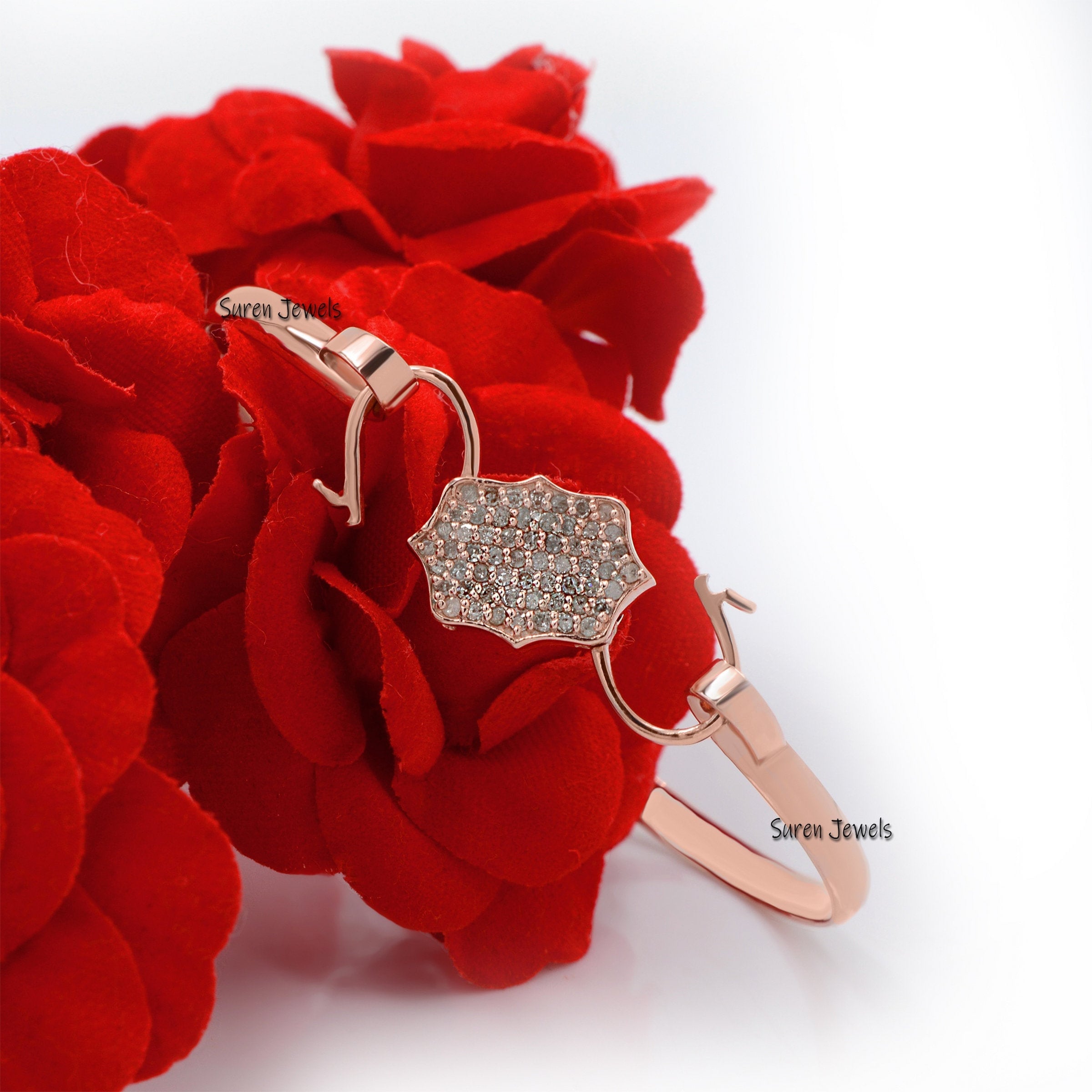 Handmade Pave Diamond 925 Silver Padlock Bangle, 6 Inch - Suren Jewels | SKU: SJB20-SLWGDI