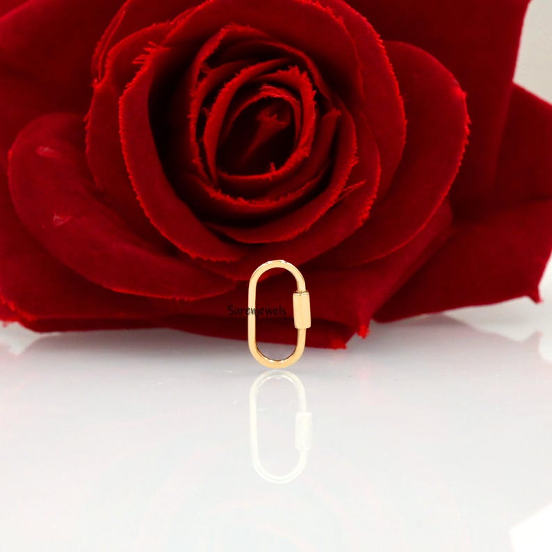 K&ouml;nnte beinhalten: Goldfarbener ovaler Verschluss mit einem kleinen, zylindrischen Balken auf einer Seite. Der Verschluss befindet sich auf einer wei&szlig;en Oberfl&auml;che mit einer roten Rose im Hintergrund.