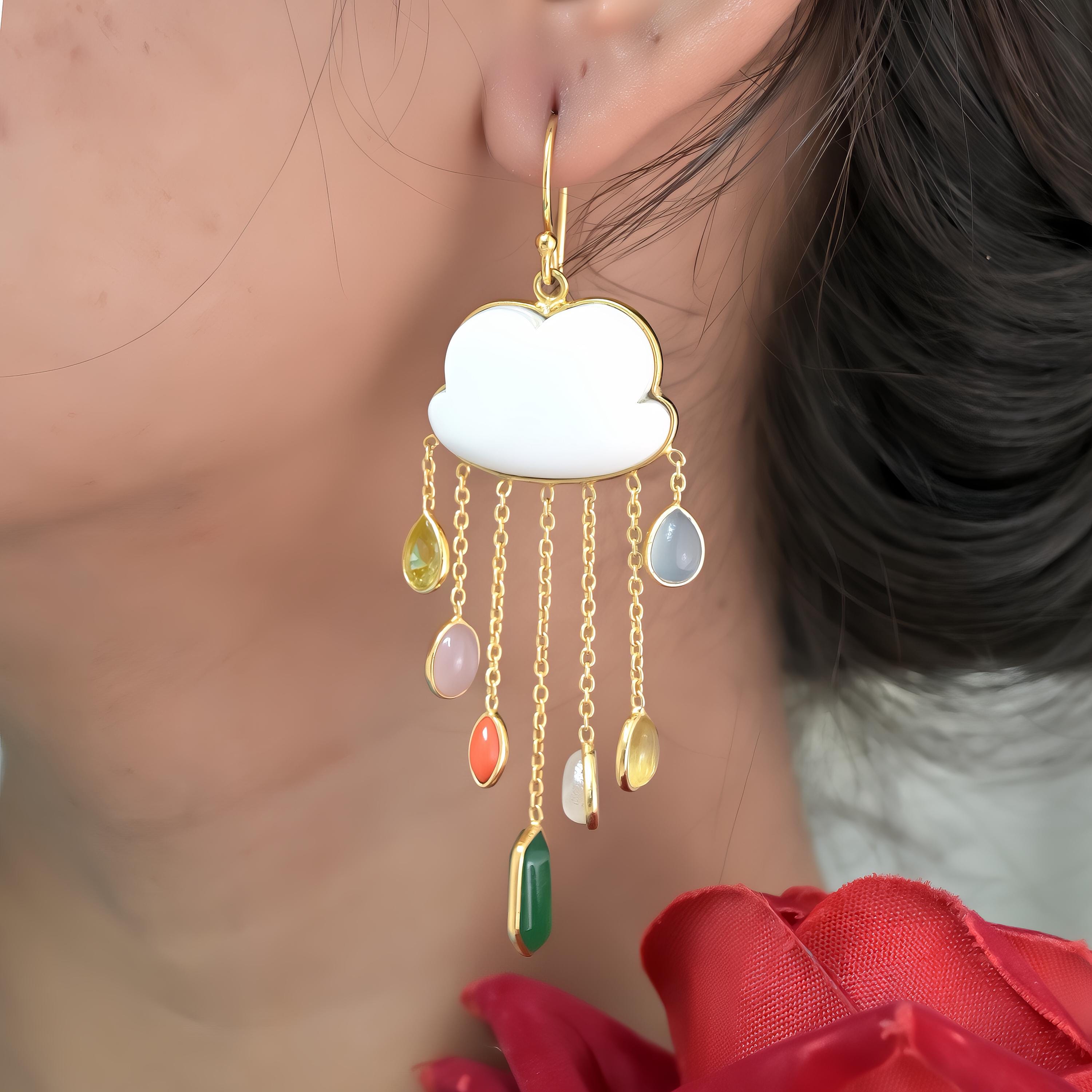14K Gold Gemstone Cloud Dangle Earrings, Rainy Cloud Design - View 3 - Suren Jewels | SKU: SJE1037-SLYGMSMTCS