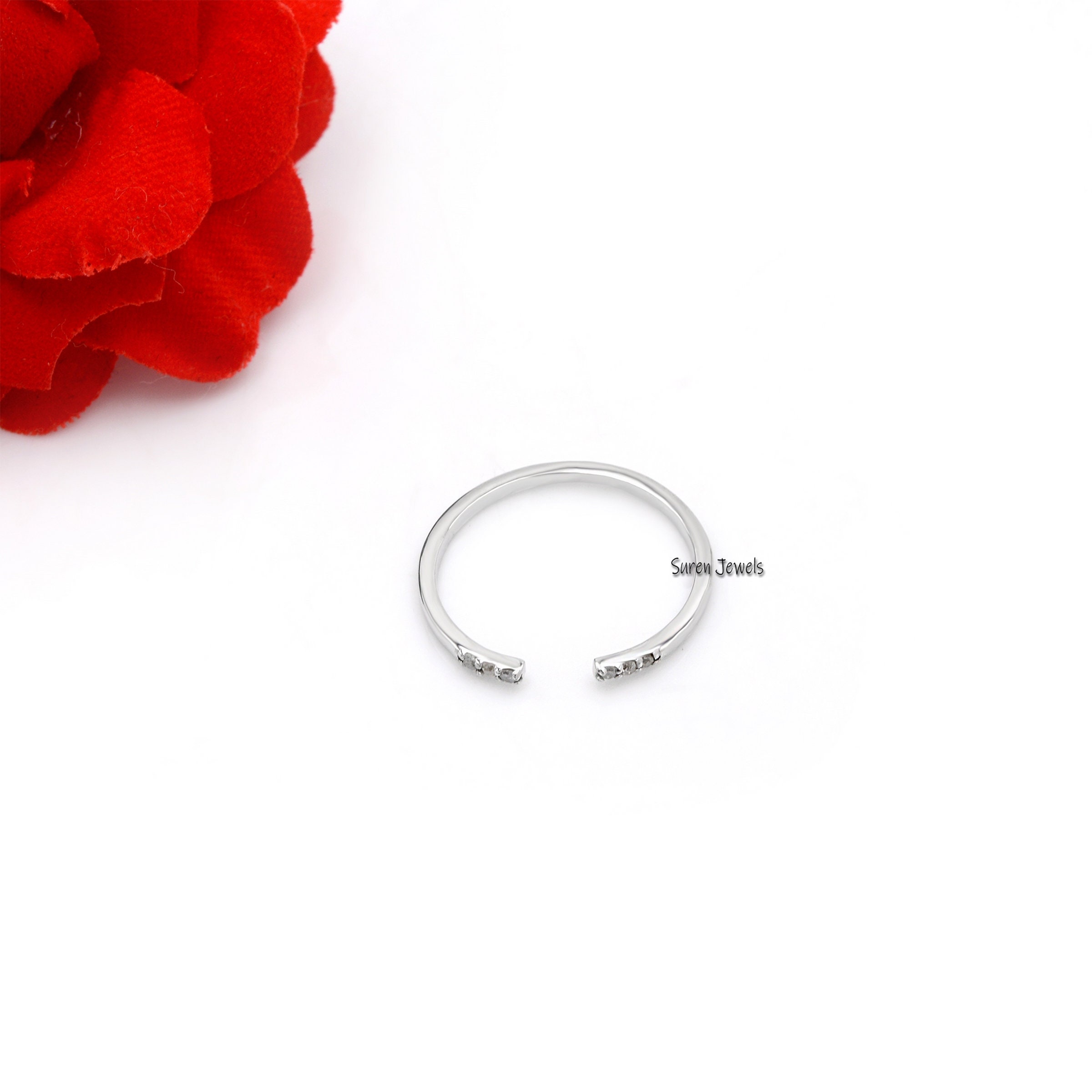 Dainty Moissanite Diamond Open Ring: Handmade Cuff Wedding Band - View 2 - Suren Jewels | SKU: SJR716-SLWGDI