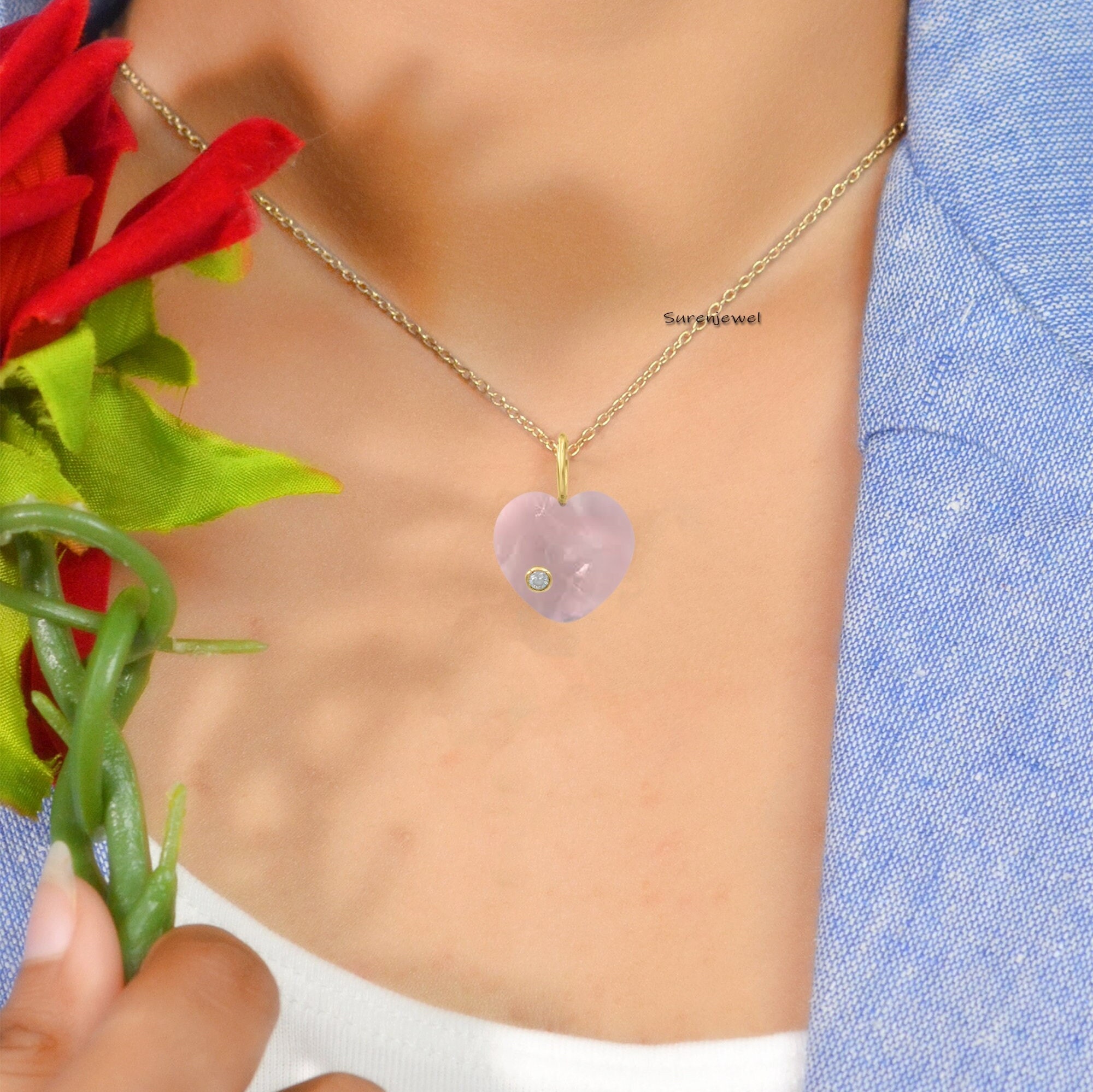 14K Gold Gemstone Heart Pendant, Carved Puffy Heart - View 7 - Suren Jewels | SKU: SJP1060-9KYGLPZWT-20M