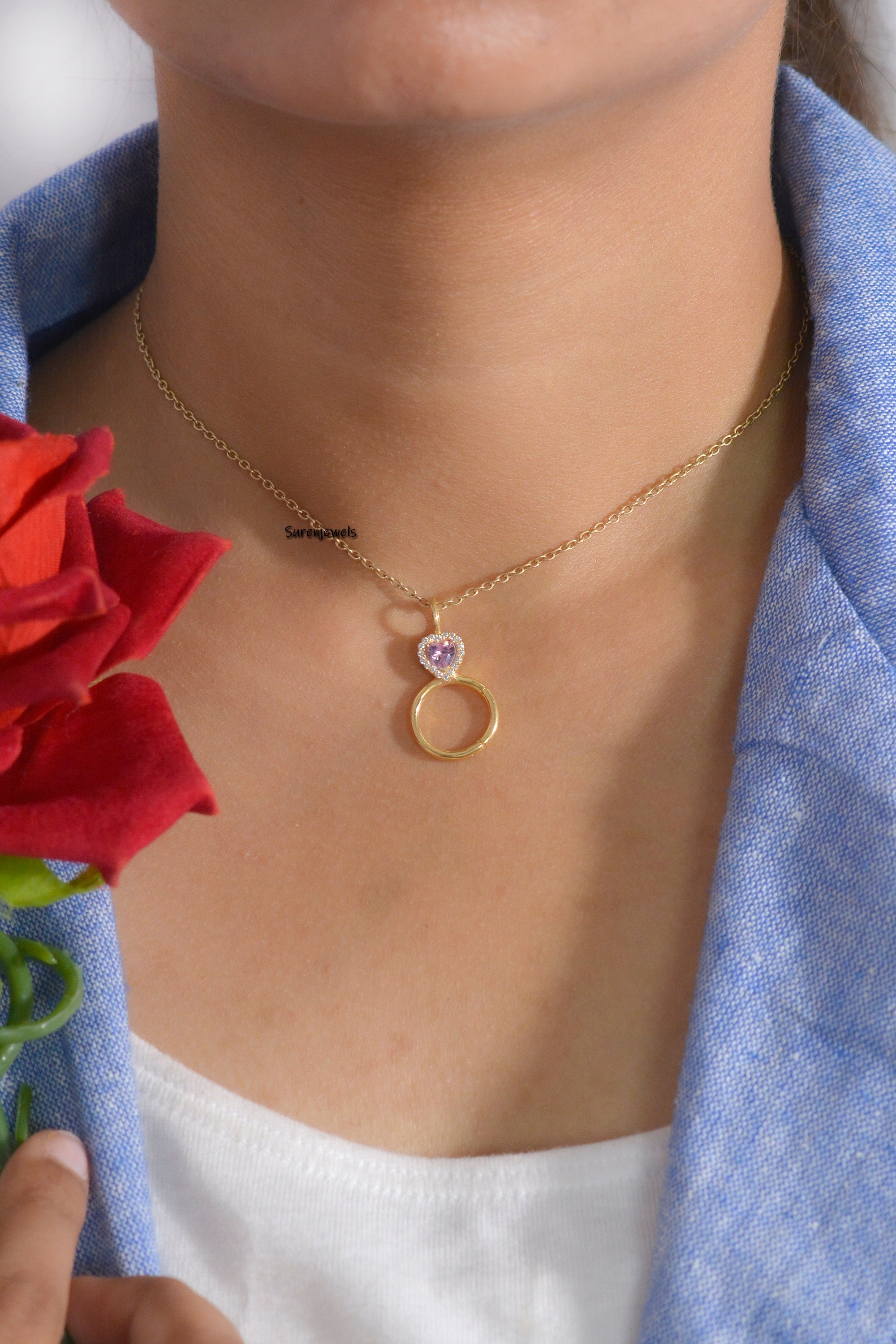 14k Gold Charm Holder Pendant: Handmade Pink CZ Enhancer - View 5 - Suren Jewels | SKU: SJP1117-SLYGCZWHPK-20M