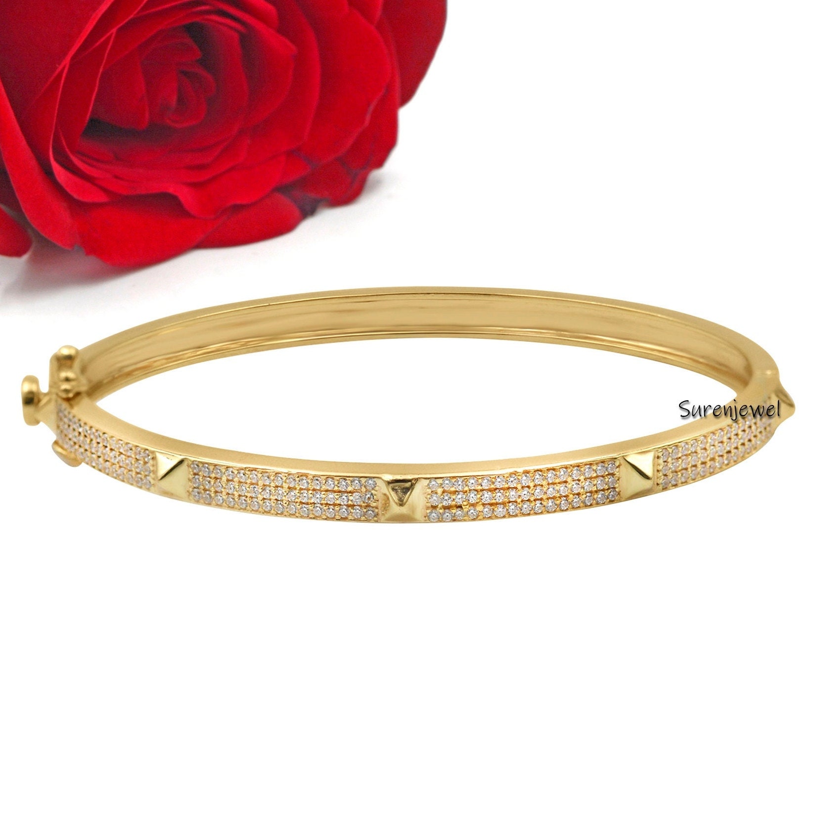 925 Silver Pyramid Spike Bangle: Diamond Accent - View 7 - Suren Jewels | SKU: SJB65-SLYGCZ-6I