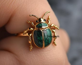 14k Gold Gemstone Scarab Ring, Sacred Scarab Gemstone Ring, 14K Gold Designer Malachite Scarab Ring, Hand Carving Scarab, Scarab Amulet Ring