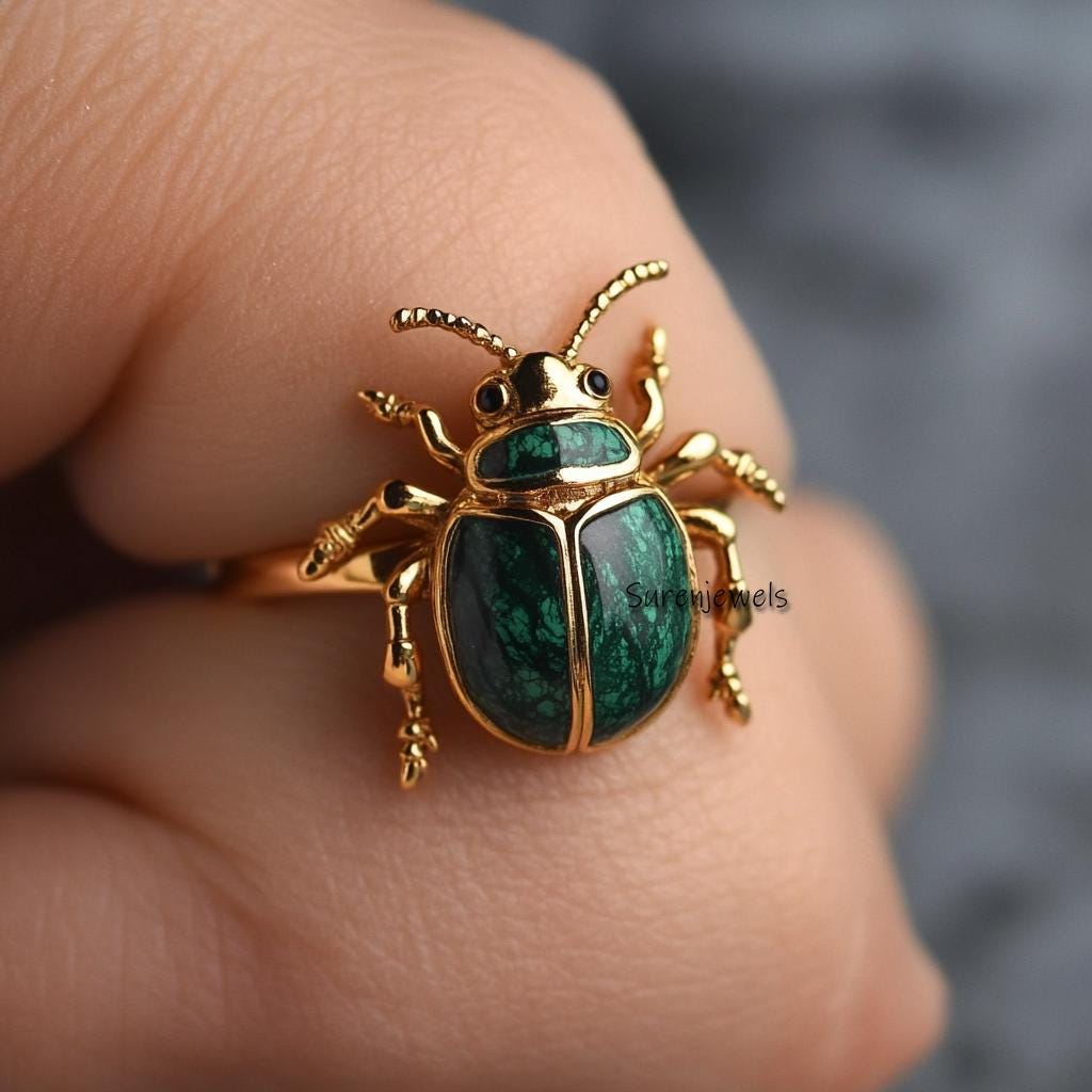 14k Gold Malachite Scarab Ring: Hand Carved Amulet - Suren Jewels | SKU: SJR2803-SLYGMKBKCZ-US-7,SJR2809-SLNSLBBKCZ-US-8,SJR2