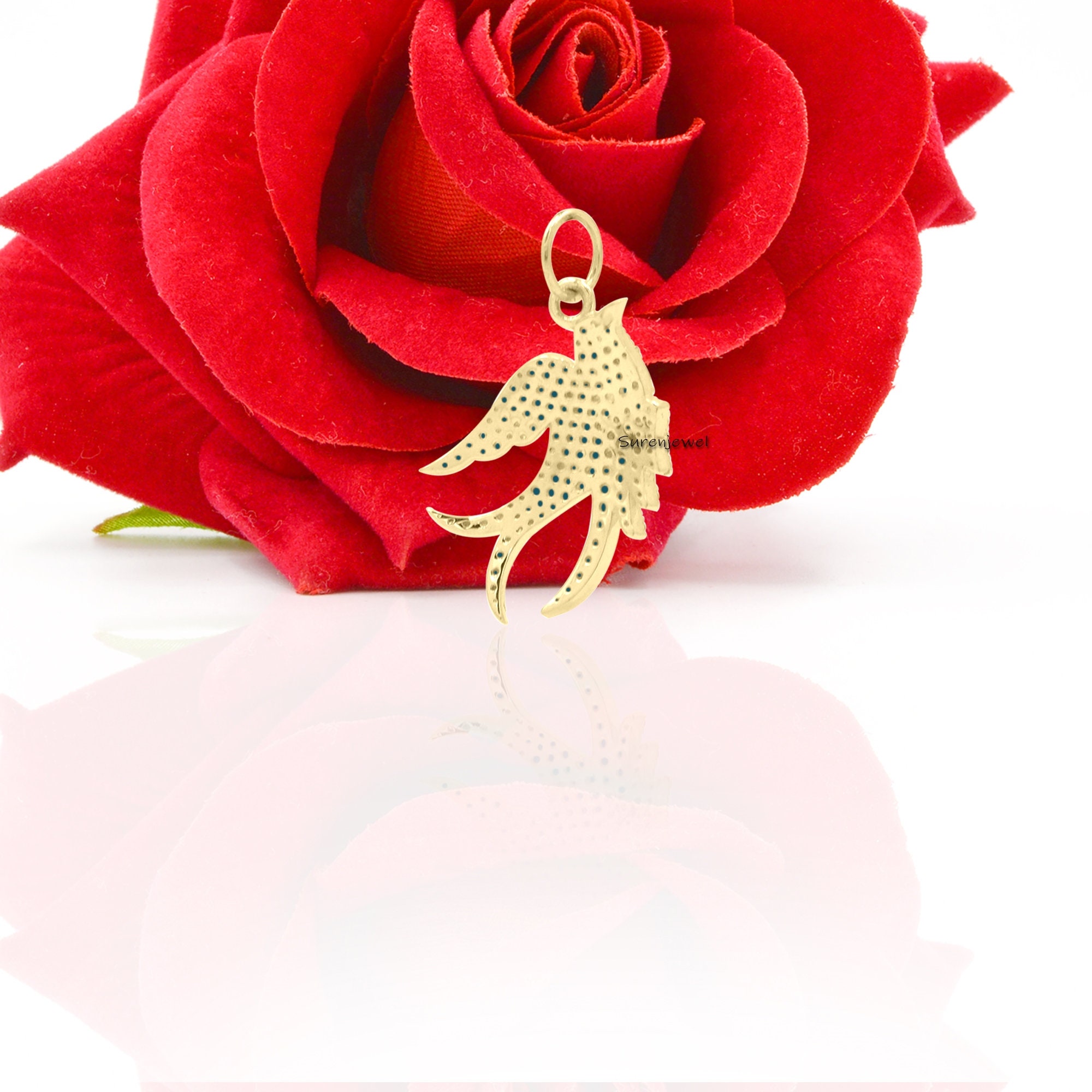 14k Gold Diamond Flying Swallow Bird Charm Pendant - View 7 - Suren Jewels | SKU: SJP900-14KYGCZ