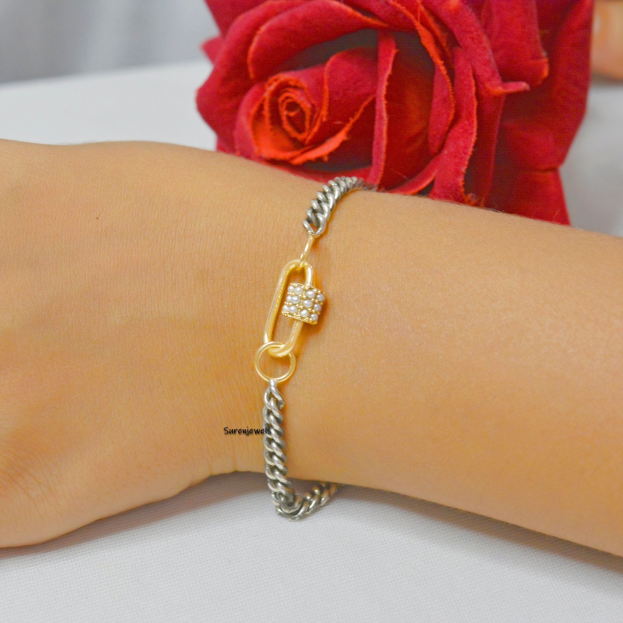 Handmade Oxidized Sterling Silver Curb Chain Bracelet: Carabiner Lock - View 2 - Suren Jewels | SKU: SJA