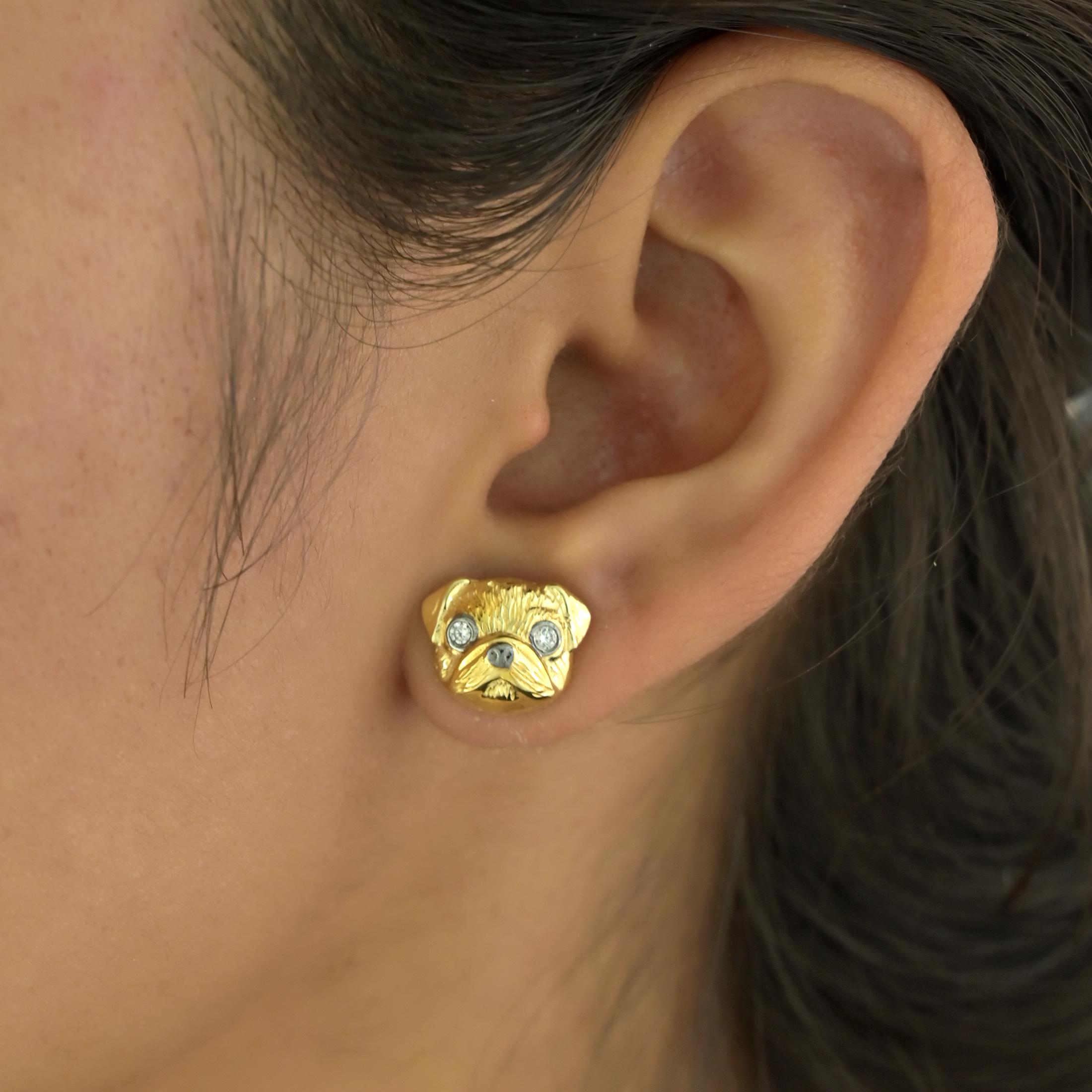 14K Gold Pug Face Stud Earrings: Animal Jewelry - View 5 - Suren Jewels | SKU: SJE2036-SLYGCZELBK-10M,SJE1790-SLYGBKCZ-10M,SJ