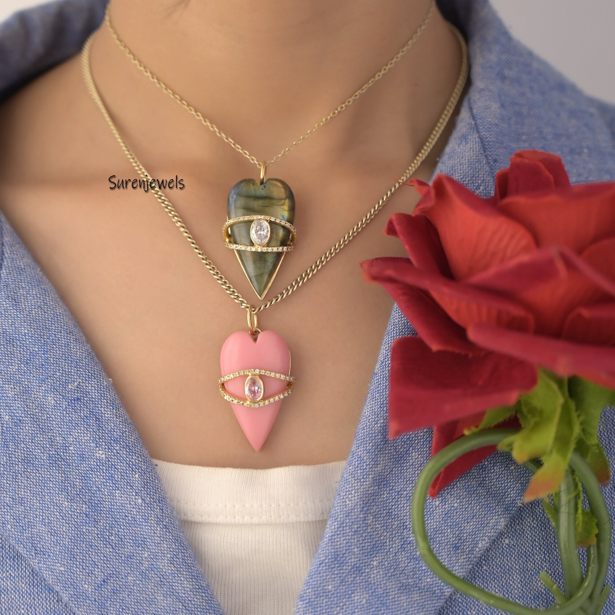 14k Gold Gemstone Evil Eye Heart pendant - View 3 - Suren Jewels | SKU: SJP1559-SLYGMSMNBCZ