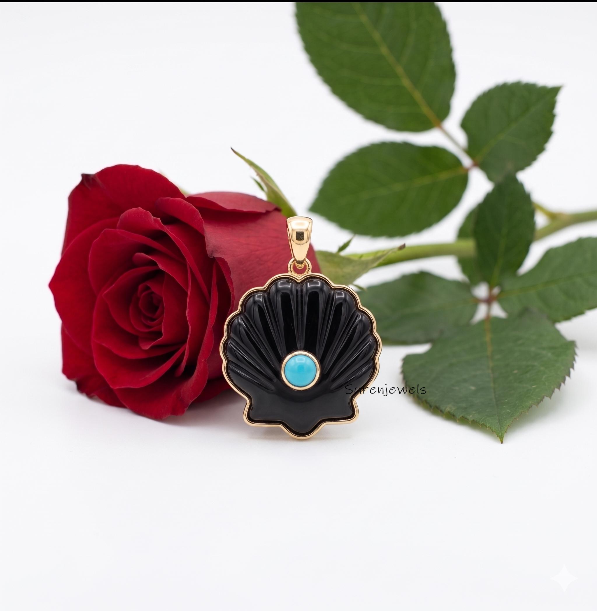 14K Gold All Gemstone Shell Pendant, Carved Shell Pendant, Designer Shell Charm, Carving Gold Shell Pendant, Trendy Handmade