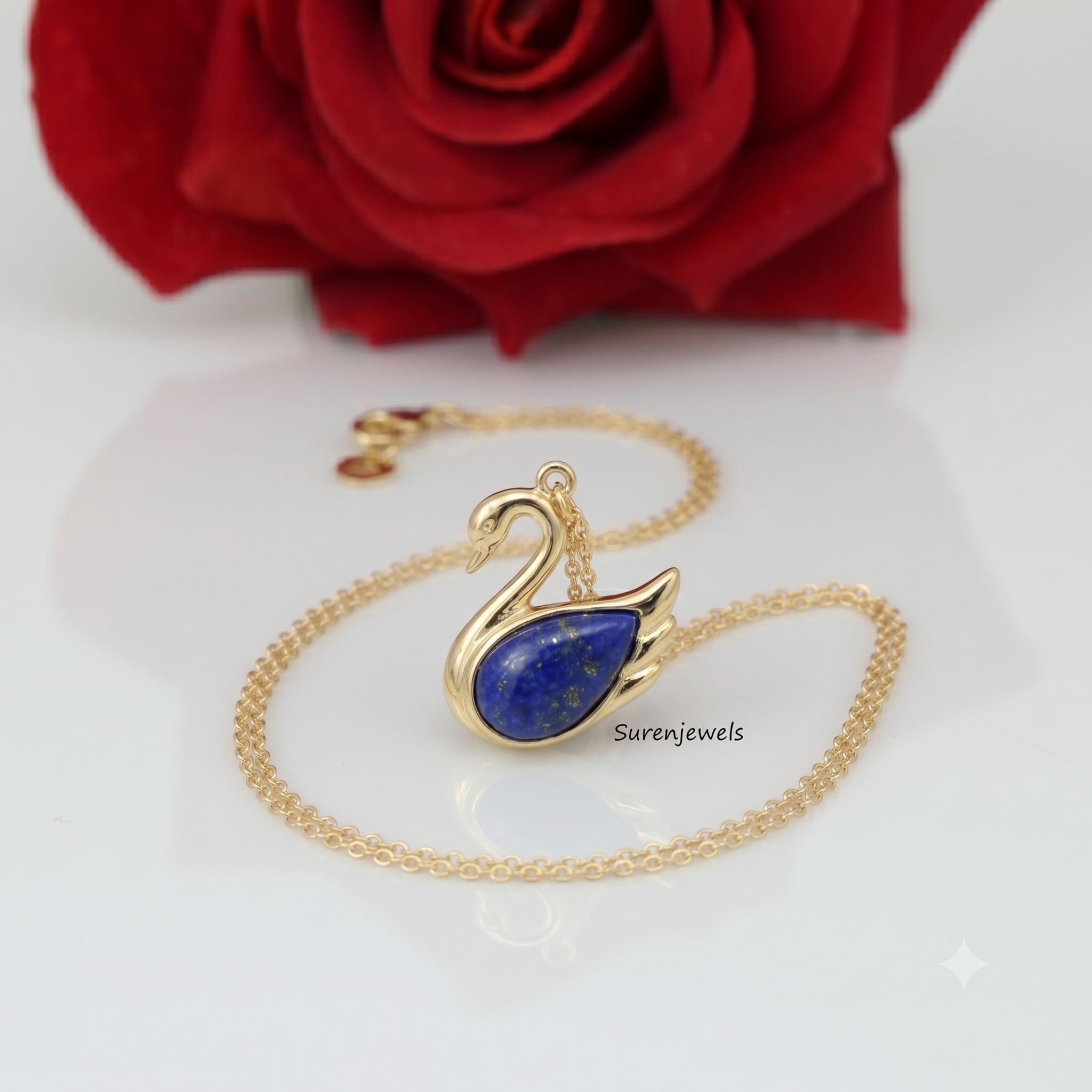 Lapis Lazuli Swan Pendant, Gold Swan Pendant, Dainty Blue Gemstone Jewelry, Minimalist Bird Necklace, Elegant Animal Charm Gi