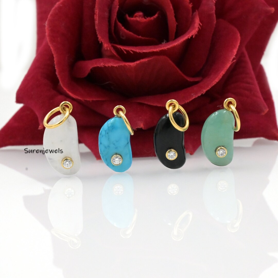 14k Gold Kidney Bean Charms, 14k Gold Gemstone Kidney Bean Charms, Solid Gold Lucky Bean Charm
