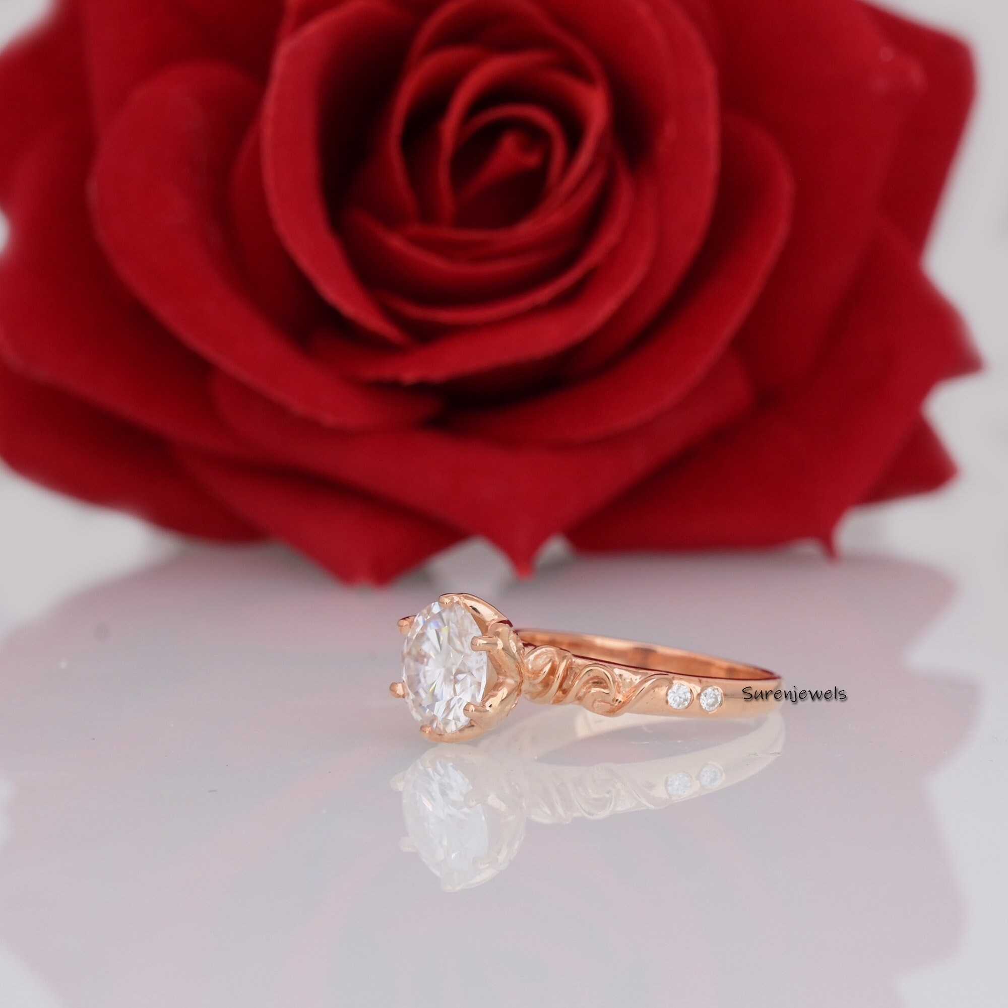 Handmade Solitaire Moissanite Engagement Ring: 14k Gold Floral Band - View 3 - Suren Jewels | SKU: SJR2537