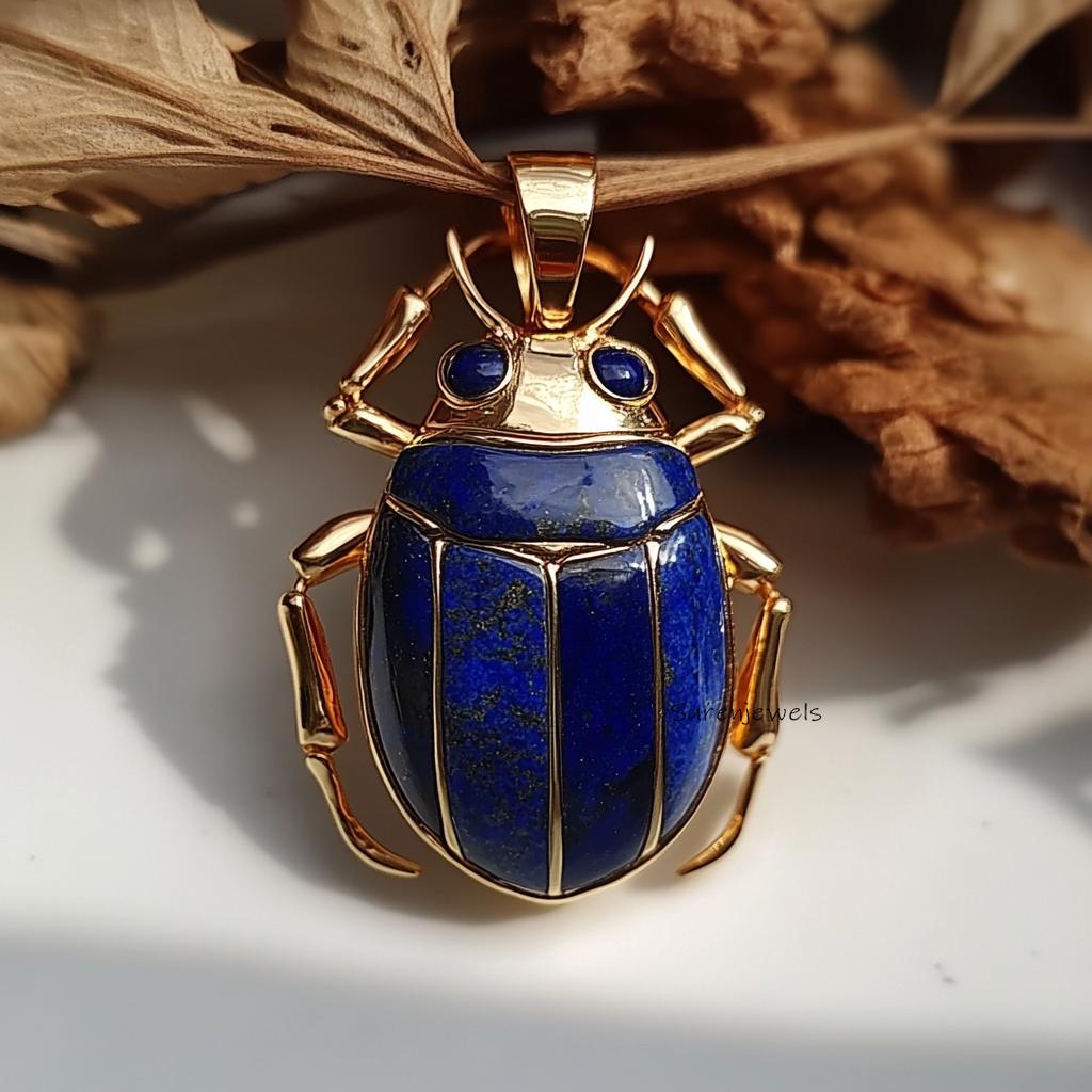 14K Gold Lapis Lazuli Scarab Pendant: Hand Carved Amulet Charm - Suren Jewels | SKU: SJP3493-SLYGLPZ-35M,SJP3487-SLYGCZLPZ-35