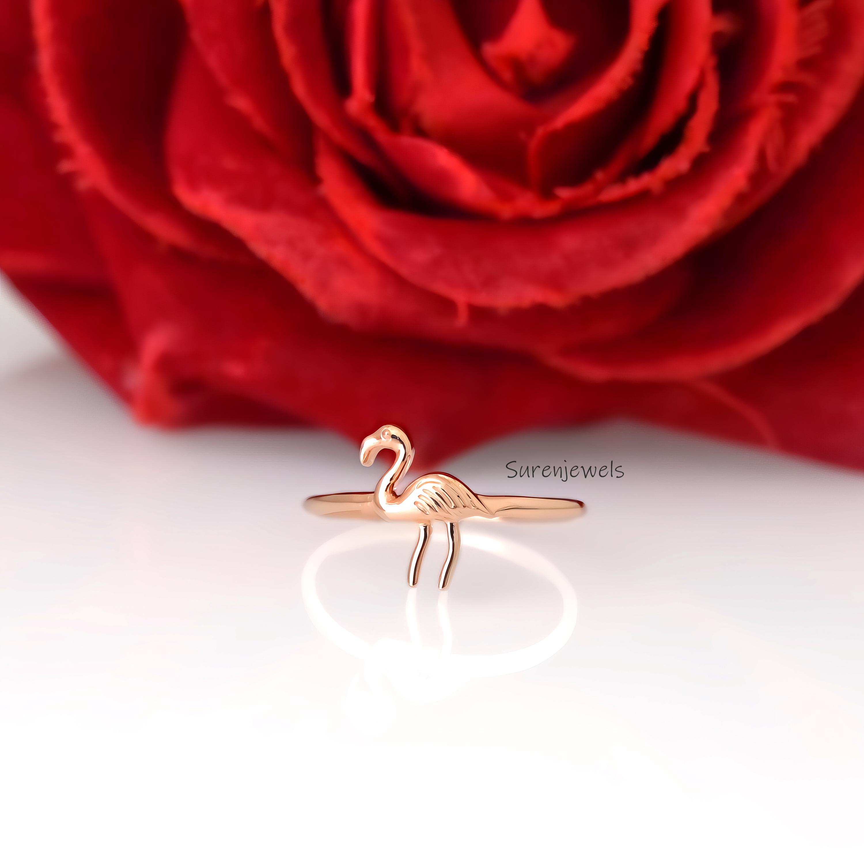14k Gold Flamingo Ring: Dainty Animal Bird Jewelry - View 4 - Suren Jewels | SKU: SJR2967-SLWG-US-3,SJR2975-SLRG-US-5