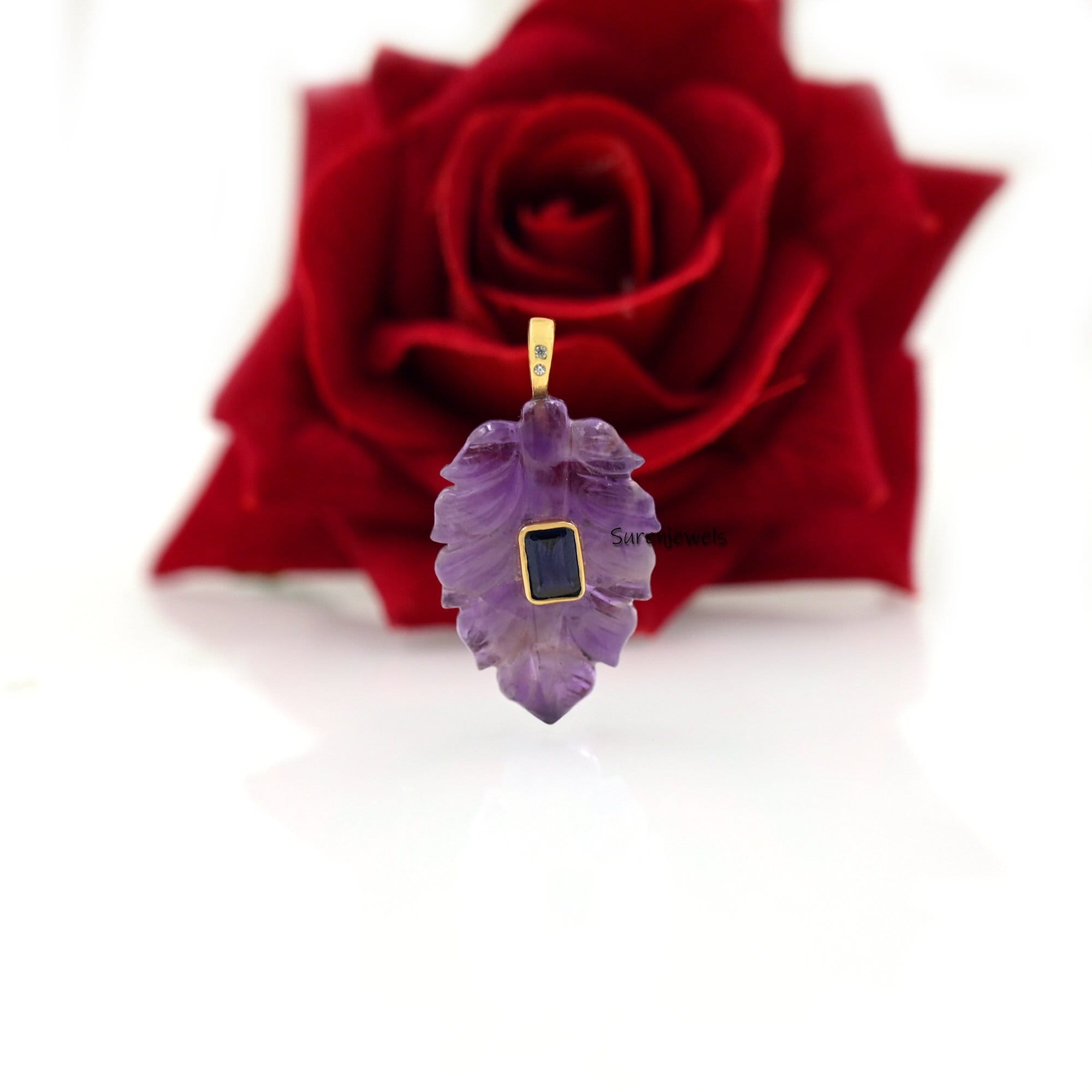 Hand Carved Gemstone Leaf Pendant: Turquoise, Malachite - View 2 - Suren Jewels | SKU: SJP1691-