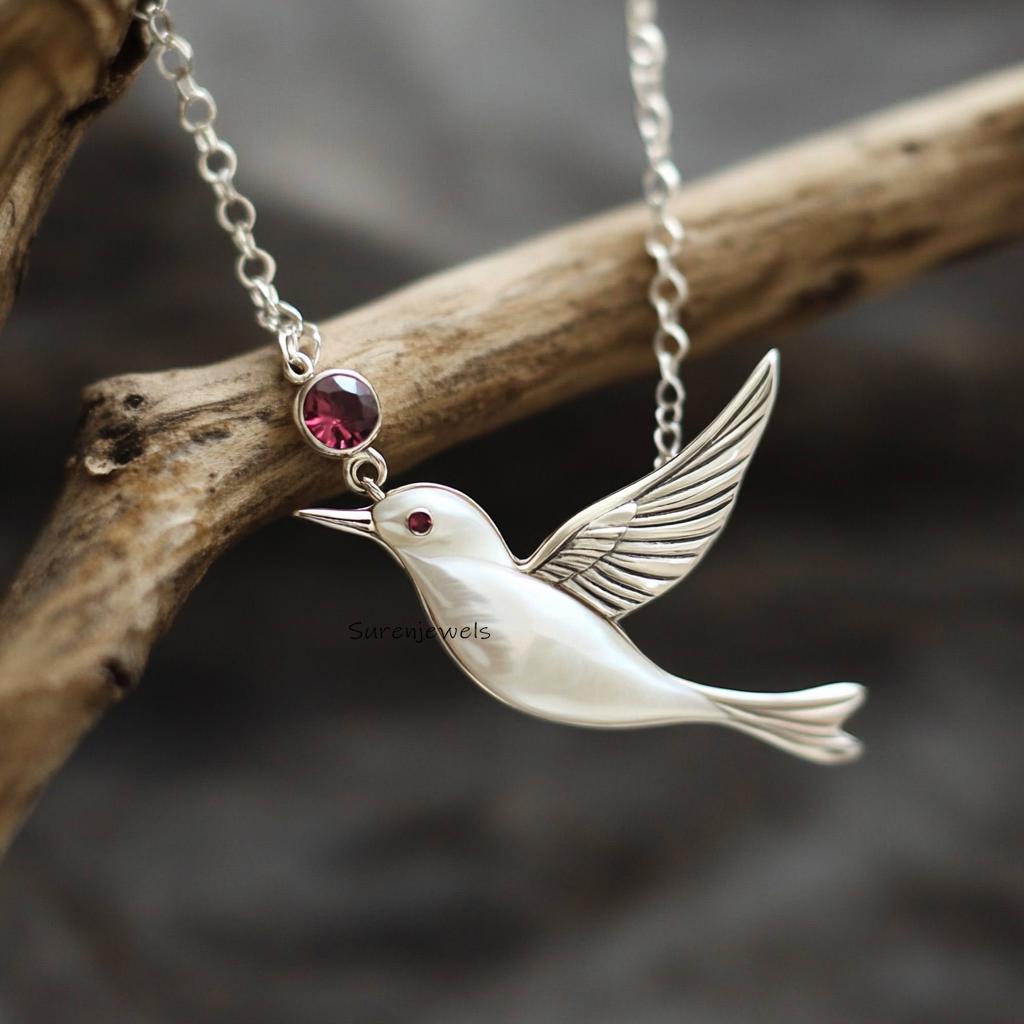 14K Gold Hummingbird Pendant: Ruby CZ Gemstone Bird - View 4 - Suren Jewels | SKU: SJN