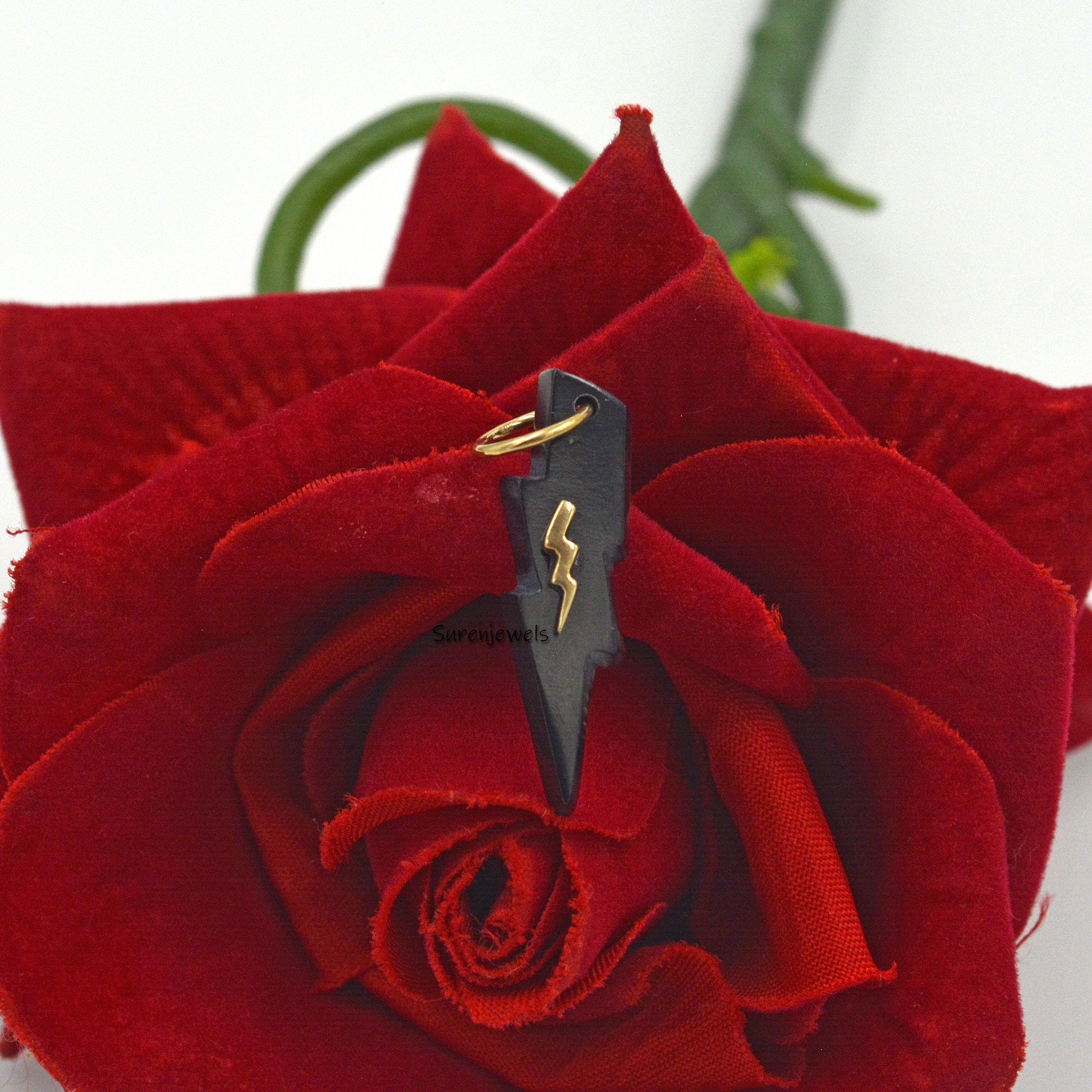 14k Gold Gemstone Lightning Bolt Pendant: Carved Coral or Turquoise - Suren Jewels | SKU: SJP1617