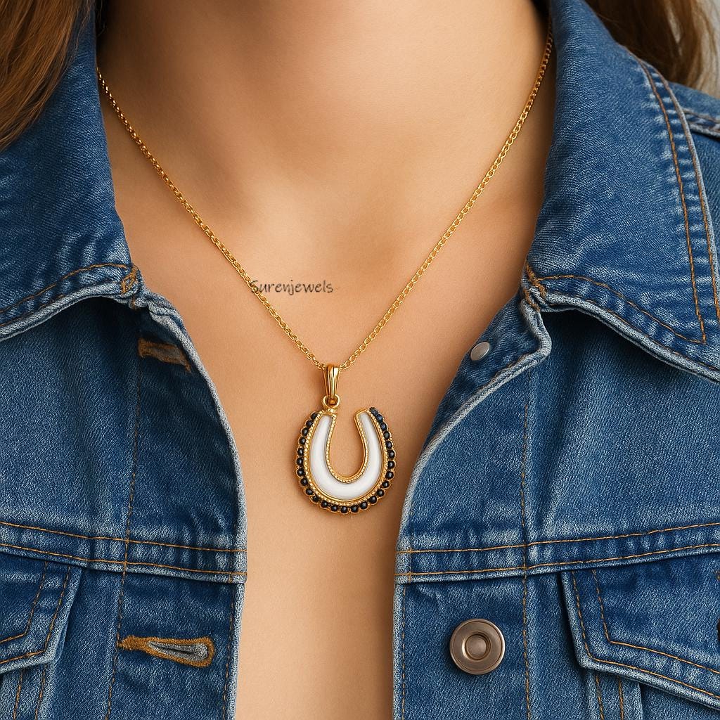 14K Gold Horseshoe Pendant, Turquoise Gemstone Charm - View 4 - Suren Jewels | SKU: SJP4918-SLYGBSBCZ-25M