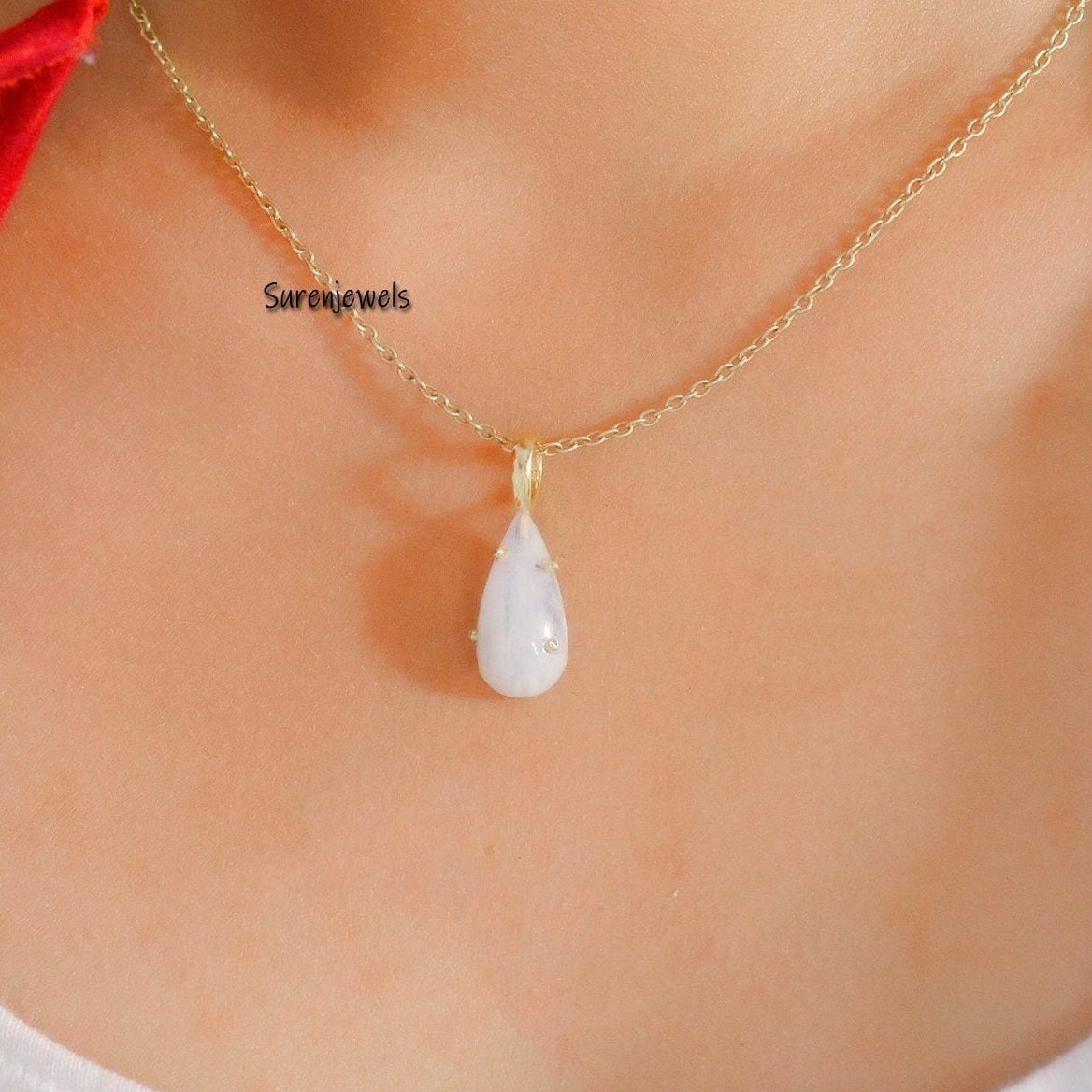 14K Gold Moonstone Drop Pendant: Gemstone Teardrop Necklace - Suren Jewels | SKU: SJP1112-SLYGMSWT