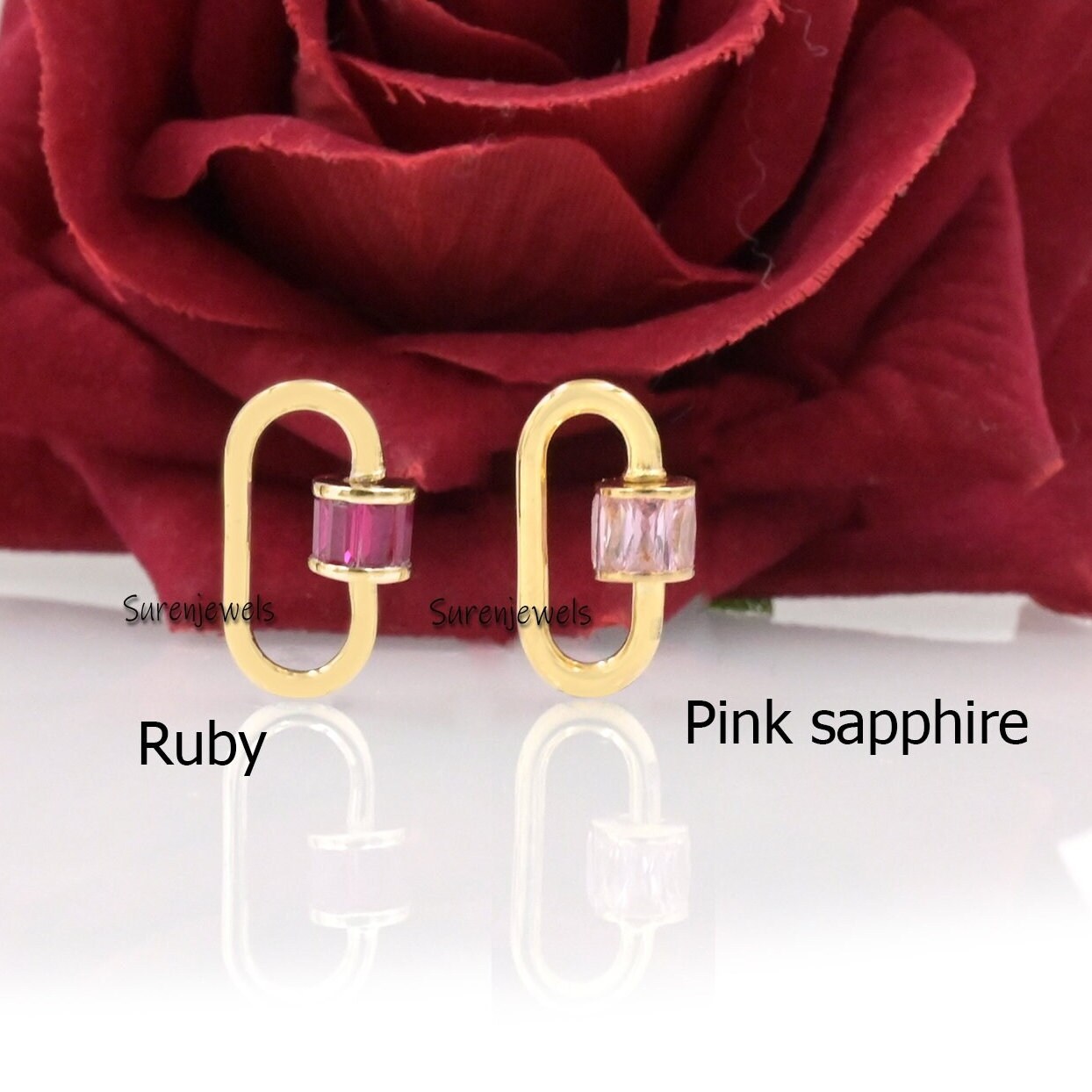 14k Yellow Gold Emerald Carabiner Lock: Jewelry Connector - View 3 - Suren Jewels | SKU: SJC22-14KYGBTTMT-16M