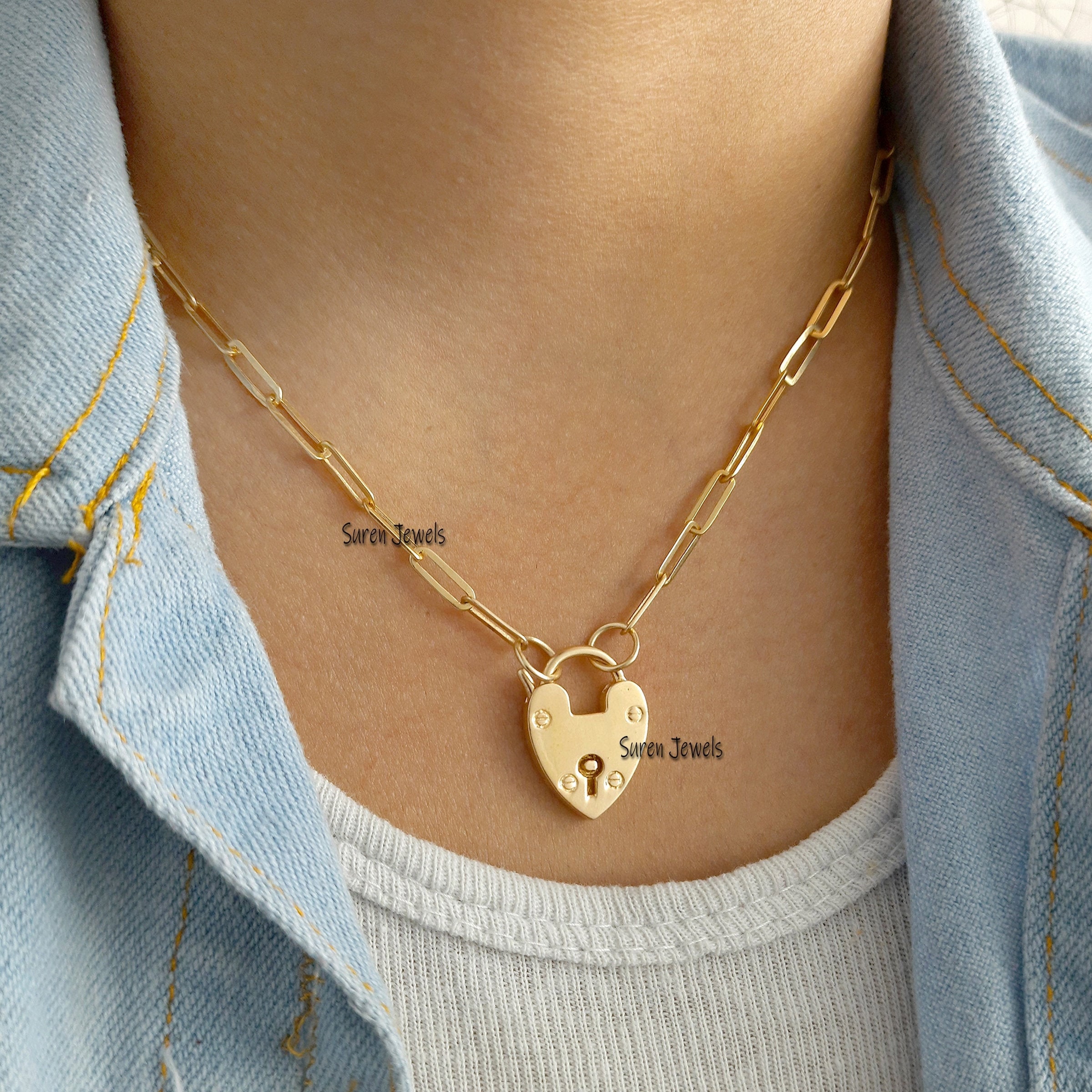 9k Gold Heart Padlock Paperclip Necklace - Handmade Jewelry - View 3 - Suren Jewels | SKU: SJP48-9KYG-N47-18I