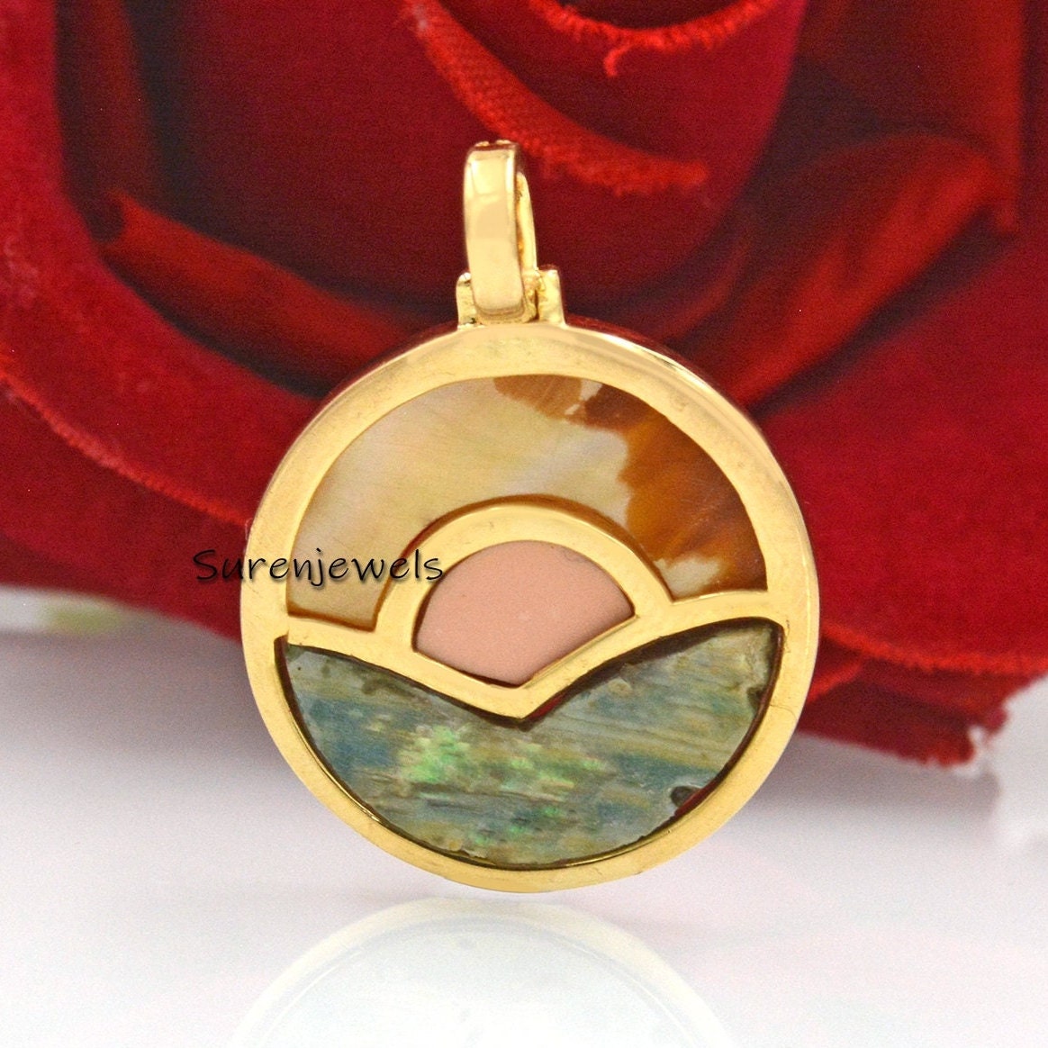 14k Gold Gemstone Sunset Pendant: CZ Sun & Sea Disc - View 3 - Suren Jewels | SKU: SJP1639
