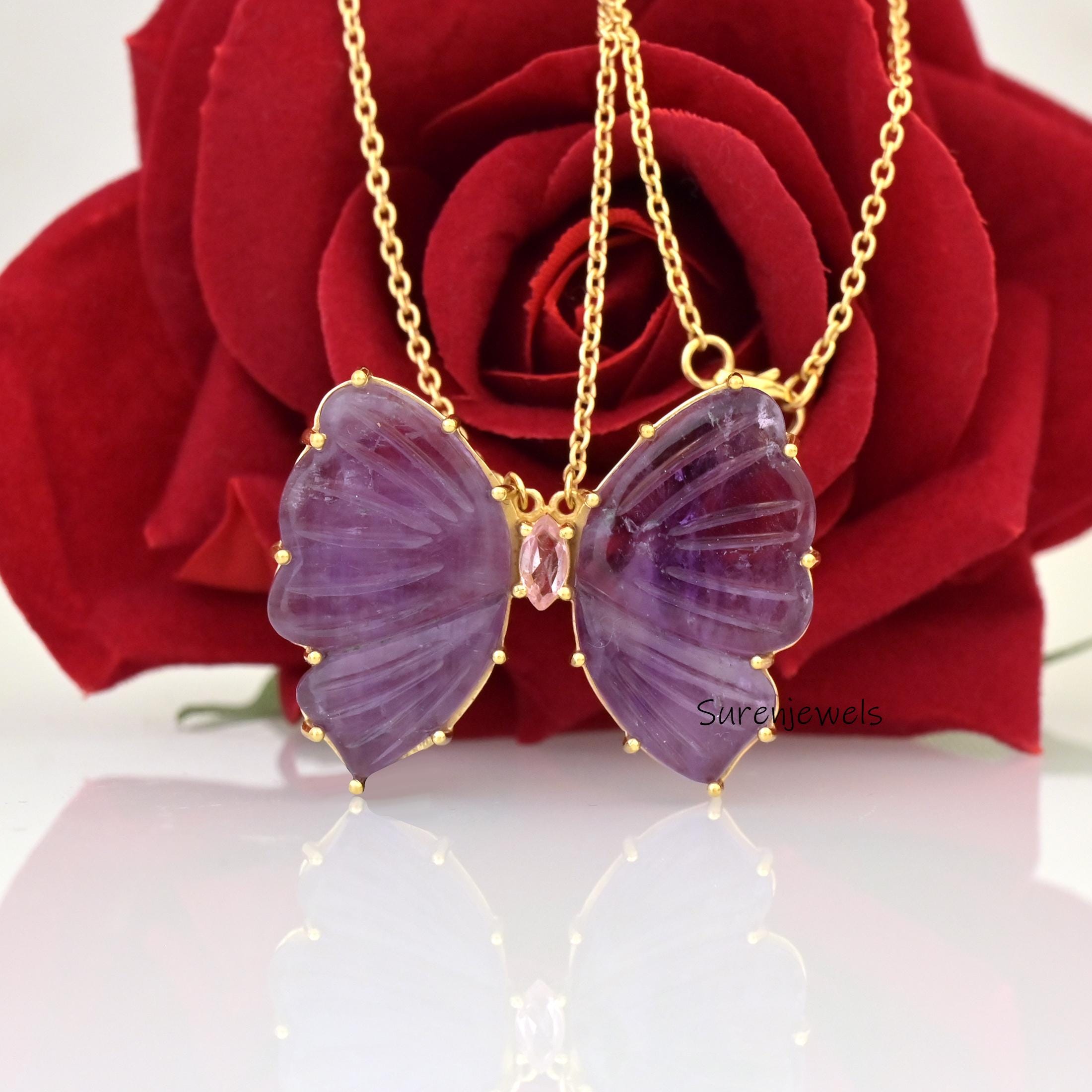 14K Gold Butterfly Charm Necklace: Handmade Carved Gemstone Pendant - View 2 - Suren Jewels | SKU: SJN1949