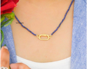 14k Gold Lapis Beads Chain Necklace: Carabiner Clasp