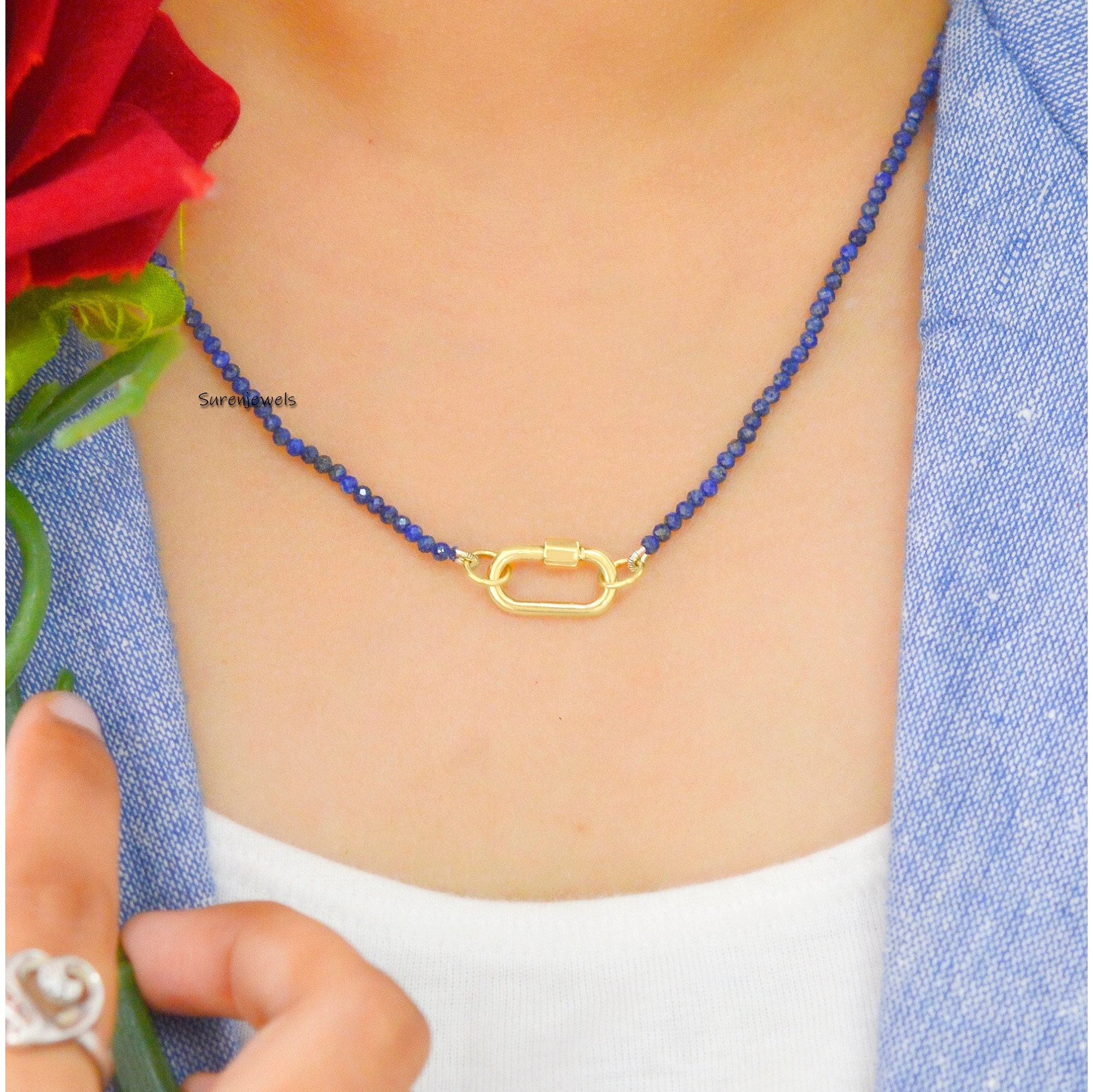 14k Gold Lapis Beads Chain Necklace: Carabiner Clasp - Suren Jewels | SKU: SJC130-14KYG-16M-N219-18I