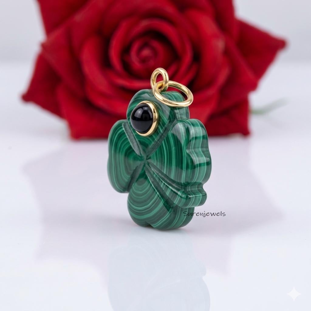 Malachite Clover Pendant, Natural Green Malachite Four Leaf Clover Charm, Lucky Clover Necklace Charm, Gemstone Pendant for N