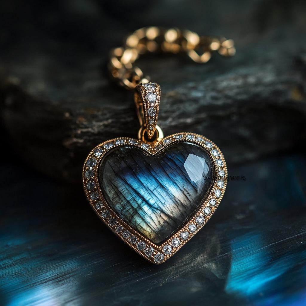 14K Gold Heart Pendant: Lapis & Moissanite Gemstone - Suren Jewels | SKU: SJP4171-SLYGLBCZ-25M