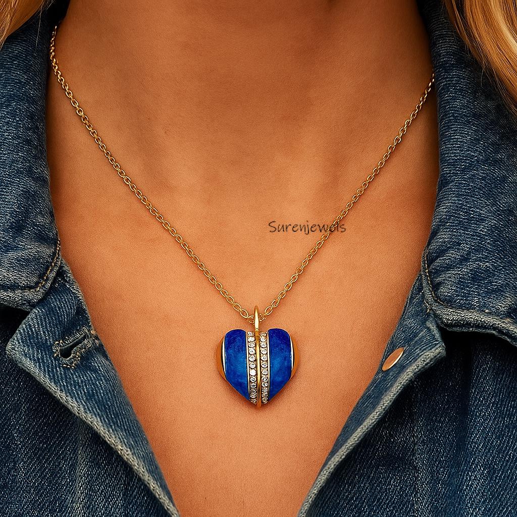 14k Gold Lapis Lazuli Heart Pendant, Carved Gemstone, Handmade - Suren Jewels | SKU: SJP5542-SLNSLPZCZ-25M
